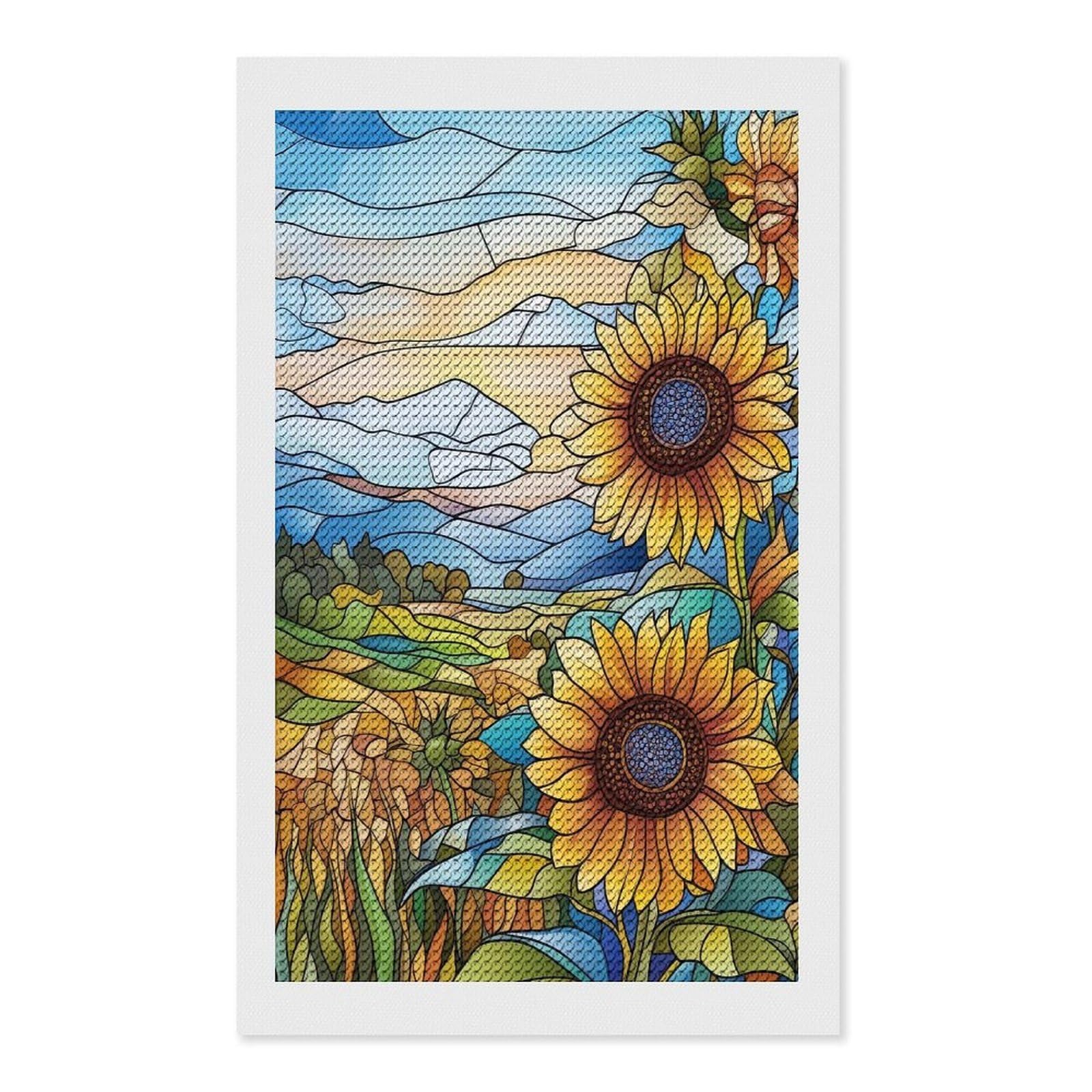 Junmoney Stained Glass Sunflowers Diamond Painting Canvas Set 12"x20", for Women, Mindful Craft Activity, Cosy Home Accent, Festive Craft Gift