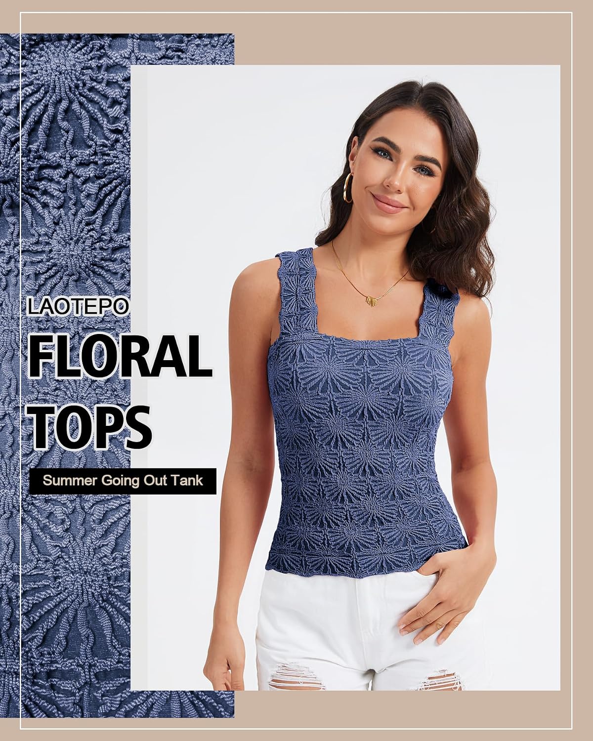 Women's Square Neck Wide Strap Crop Tank Tops Slim Fit Sleeveless Going Out Top Flower Lettuce Trim Cami Tops image 3
