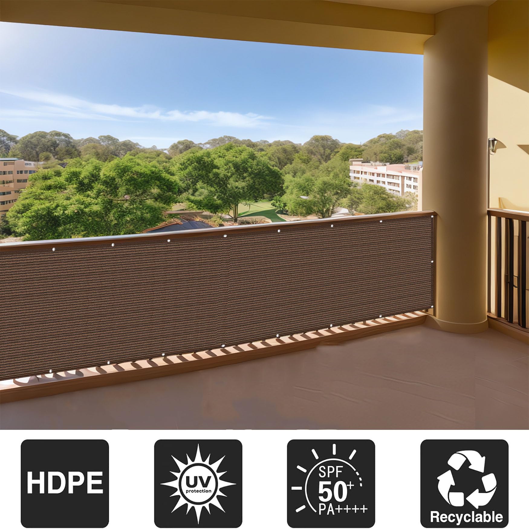 Malla de Ocultación 90 x 550 cm Privacidad Protección Solar y Transpirabilidad Malla de Ocultacion Valla con Sogas y Bridas para Exterior Terraza Jardín, Marrón