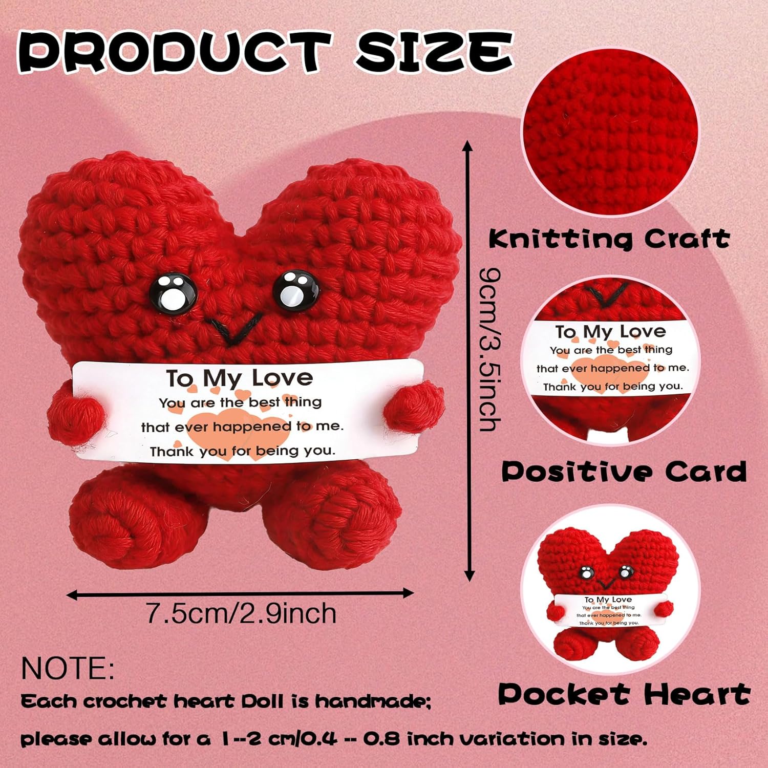 Valentines Crochet Gifts for Her Him,Galentines Gifts Under 10,Boyfriend Girlfriend Couple Pocket Hug Heart with Positive Emotional Card Handmade Crochet Heart Doll Office Desk Decor