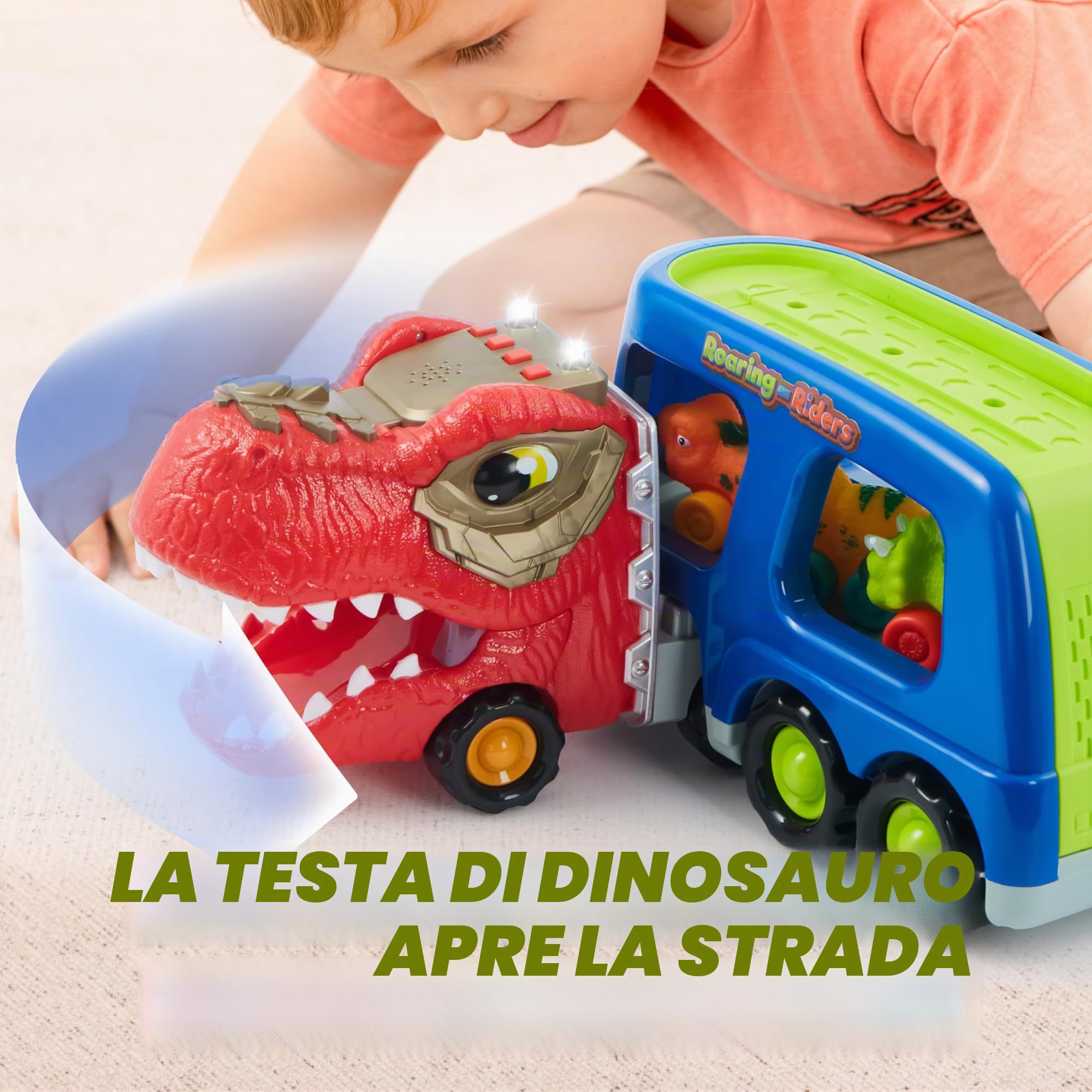 JOYIN Mini Camion Trasportatore di Dinosauri con 6 veicoli Giocattolo in Gomma Morbida, con Musica e Suono Forte, Luci Lampeggianti, Regali per Ragazzi e Ragazze dai 2 anni in su(Blu)