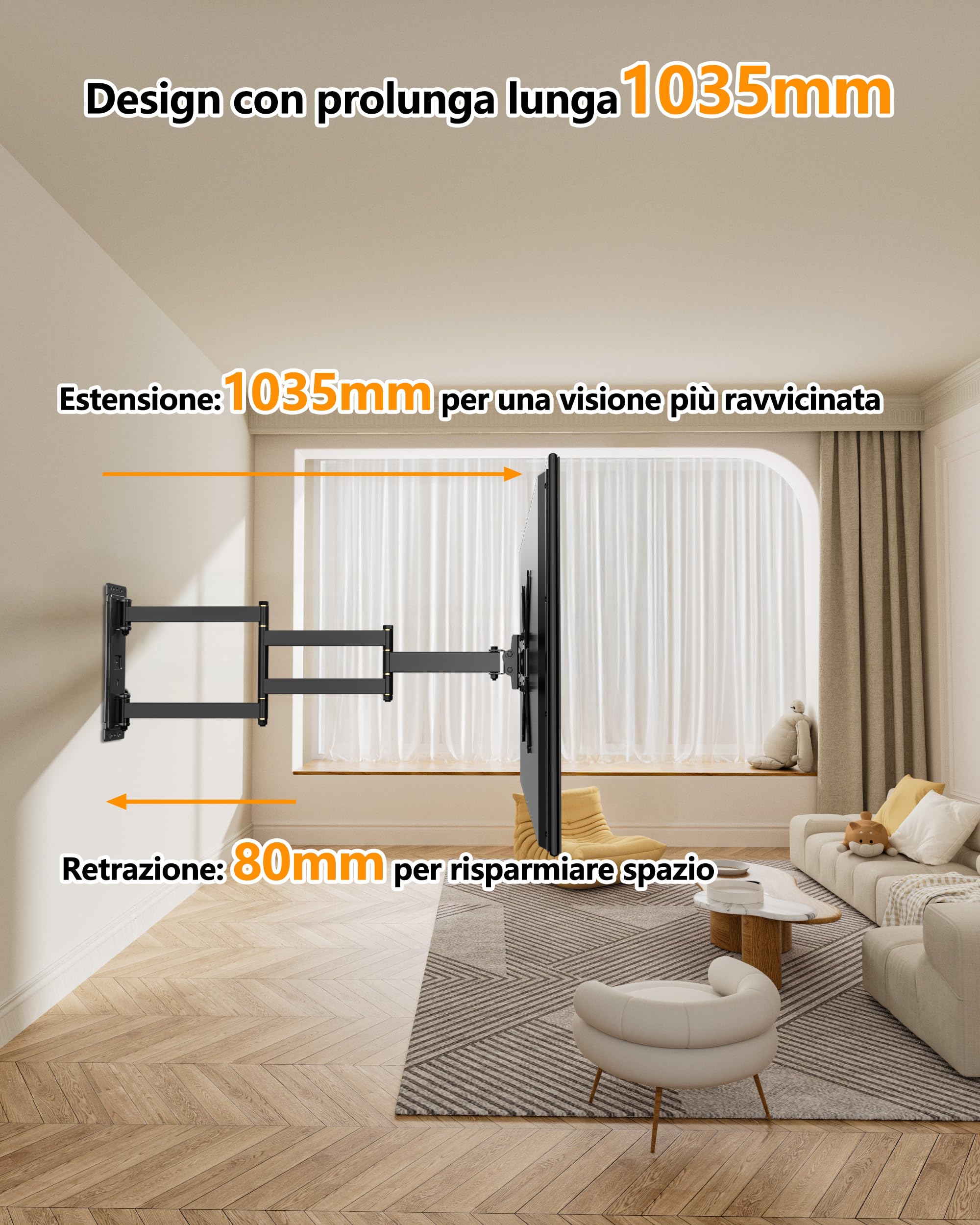 Supporto TV Parete con Braccio Articolato Extra Lungo 1035 mm, 180° Rotazione Supporto TV Monitor per LED/LCD da 17-50 Pollici Fino a 30 kg, Inclinabile Orientabile Estensibile, VESA 300 x 300 mm