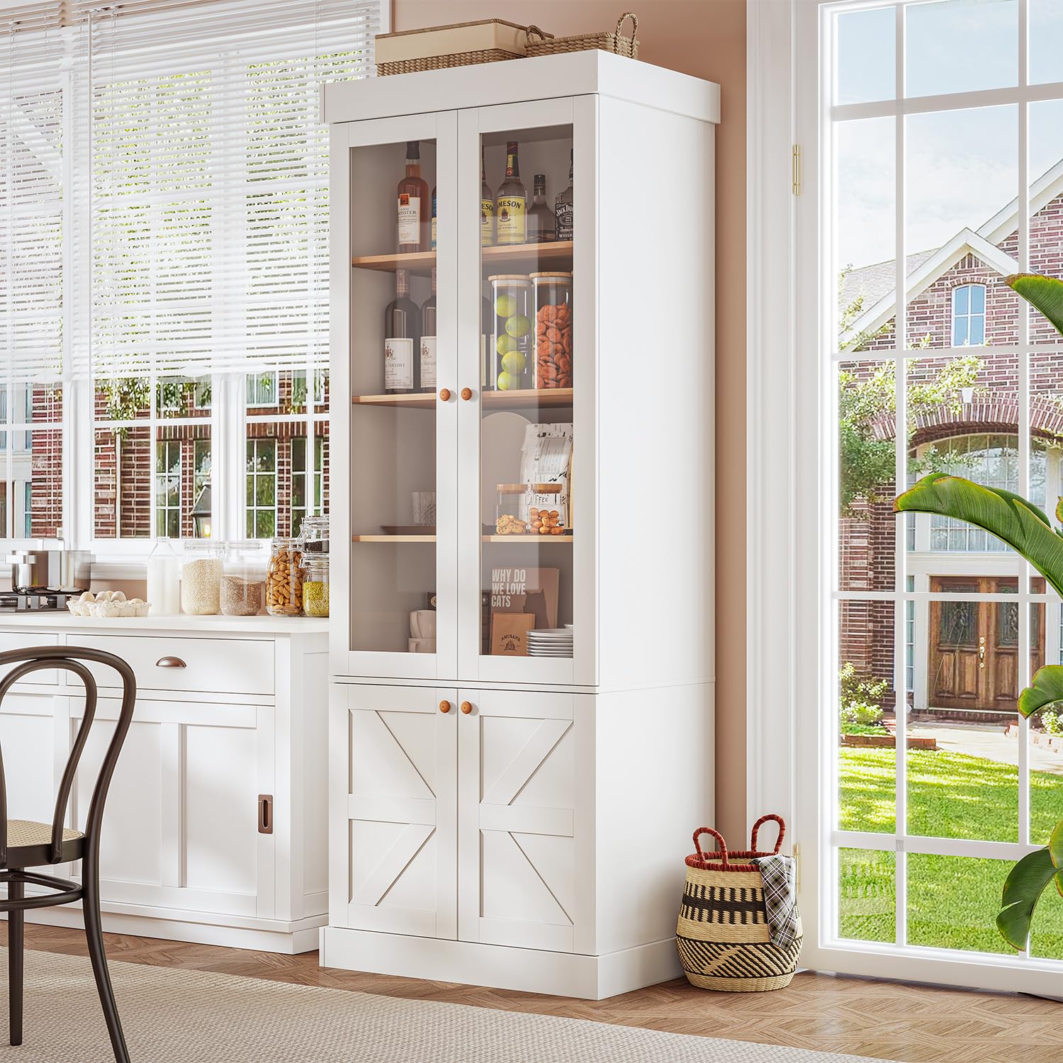 Vyre 71" Tall Farmhouse Kitchen Pantry, Large Storage Cabinets with Glass Doors, Adjustable Shelves, Wood Versatile Hutch Cabinet for Living Room, Dining Room