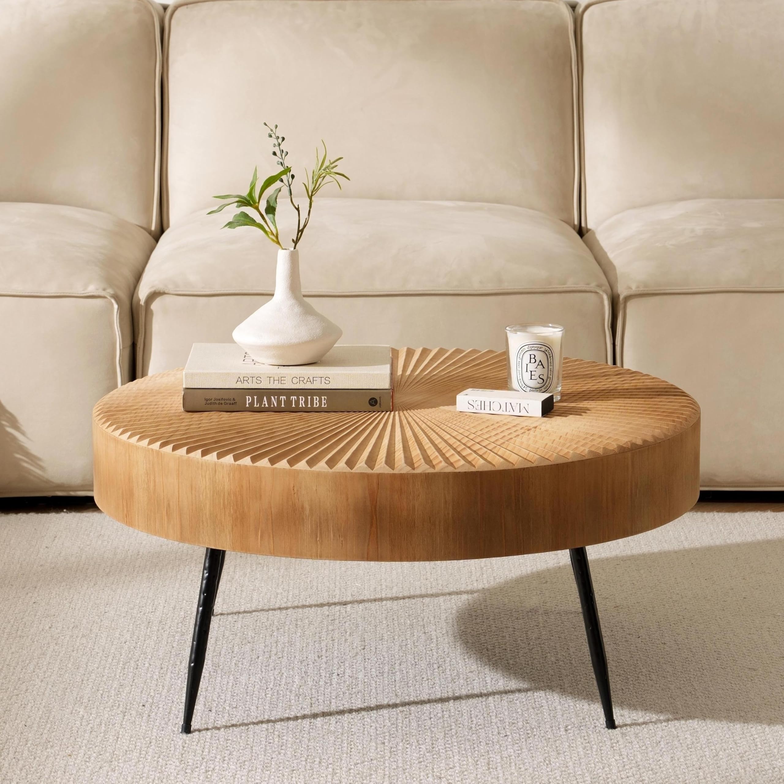 Couchtisch Rund Holz, 2er Set Wohnzimmertisch Rund Holz in linearem Design, Coffee Table Set mit Schwarzen Metallbeinen, Couchtisch im Wohnzimmer, ø77x36cm mit 40x47cm