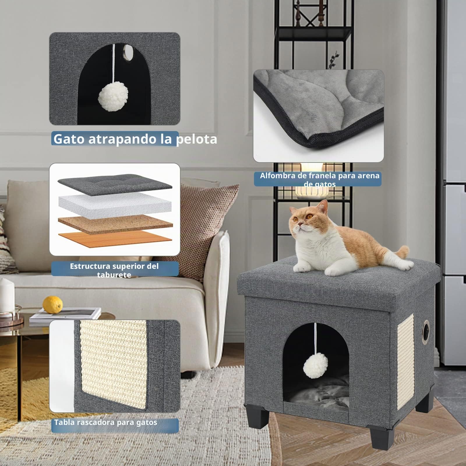 BRIAN & DANY Casa Gato, Cueva para Gatos de Interior, Cama Plegable para Gatos con Tabla Rascador y Pelota de Juego, Taburete con Patas de Madera, 37,5 x 32,5 x 36 cm, Gris