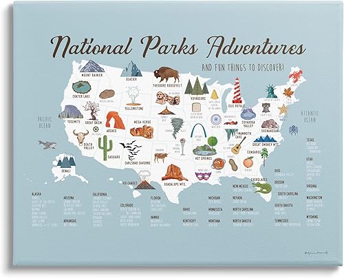 Stupell Industries National Parks Adventures USA Map - Lienzo decorativo para pared, diseño de Stephanie Workman Marrott