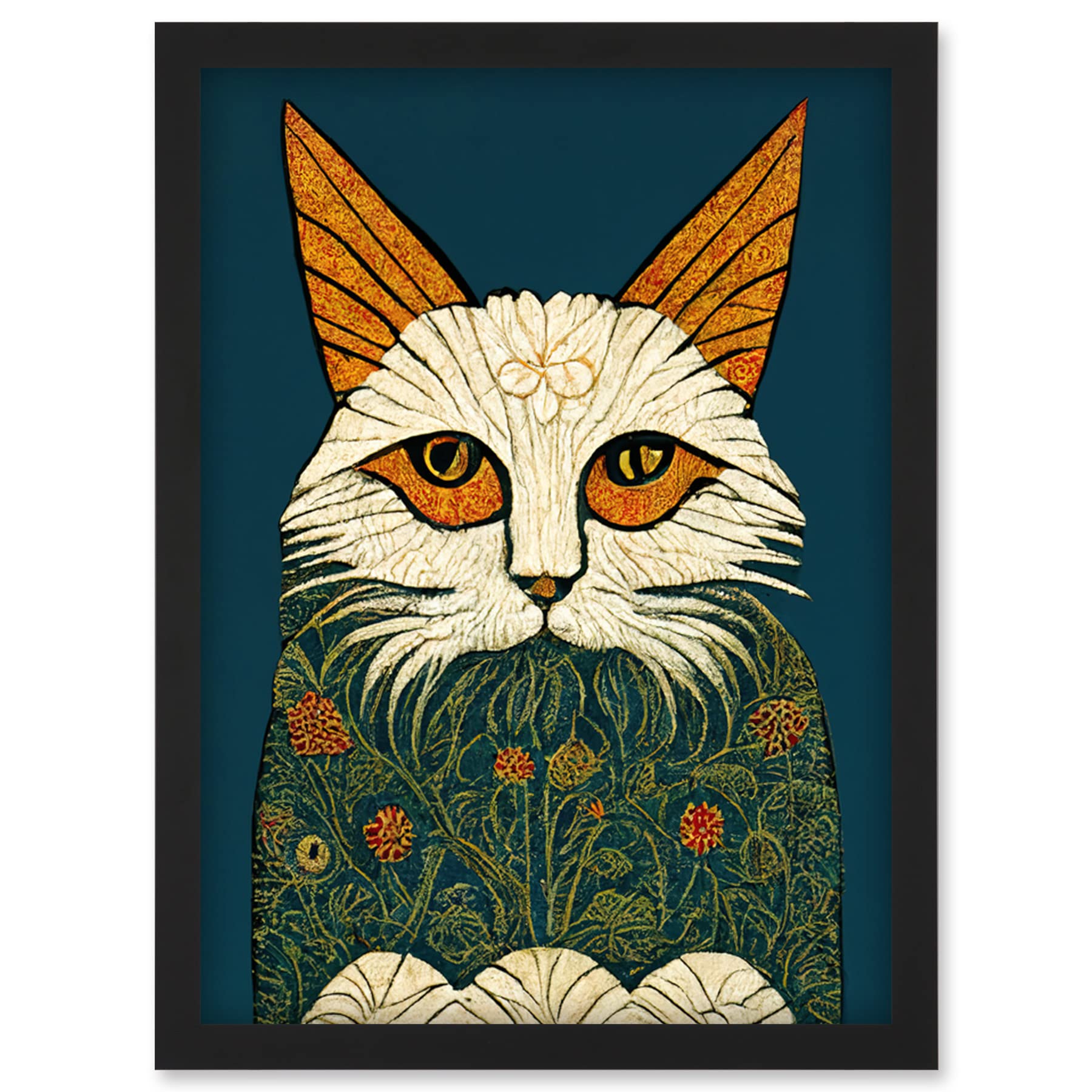 A4 Framed Art Print - Melancholy Moggie Cat Illustration - William Morris Style - Teal & Gold Artwork
