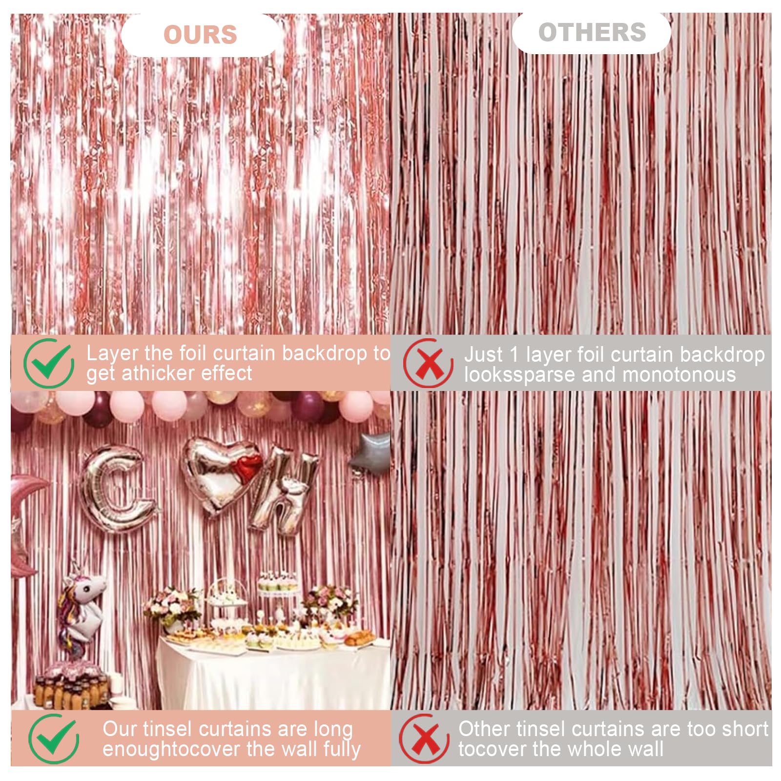 Rideau de Tinsel Rose Or 2 Pièces (1m x 3m) | Rideau Métallique Brillant avec Franges, Rideau de Tinsel à Franges Shimmer, Décoration Éclatante pour Mariage, Décoration de Anniversaire