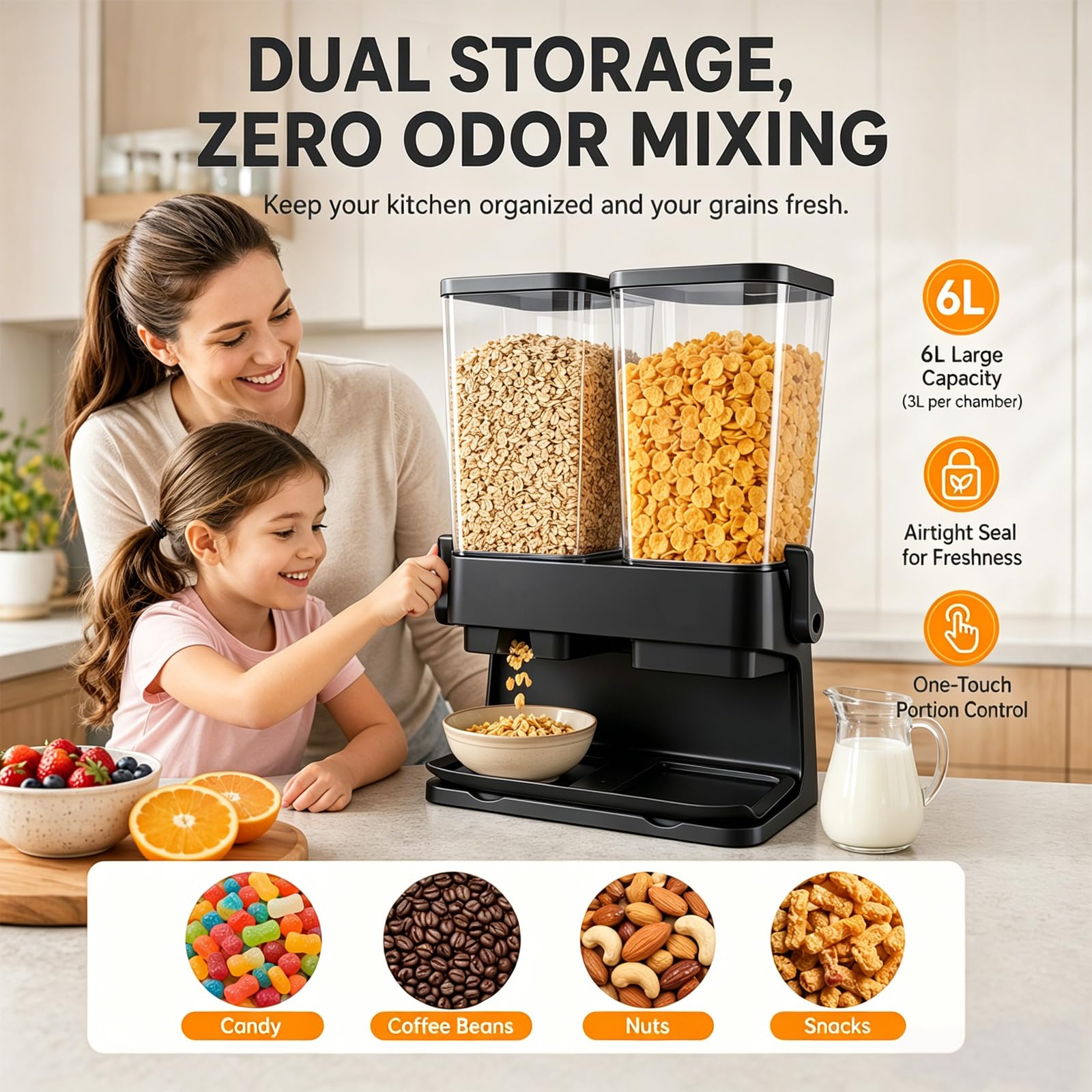 Müslispender 2er Set, 2 x 3L Cereal Dispenser, auslaufsicher & lebensmittelecht, klare Luftdichte Behälter für Cornflakes, Nüsse, Kaffeebohnen & Haferflocken, platzsparend für die Küche (Schwarz)