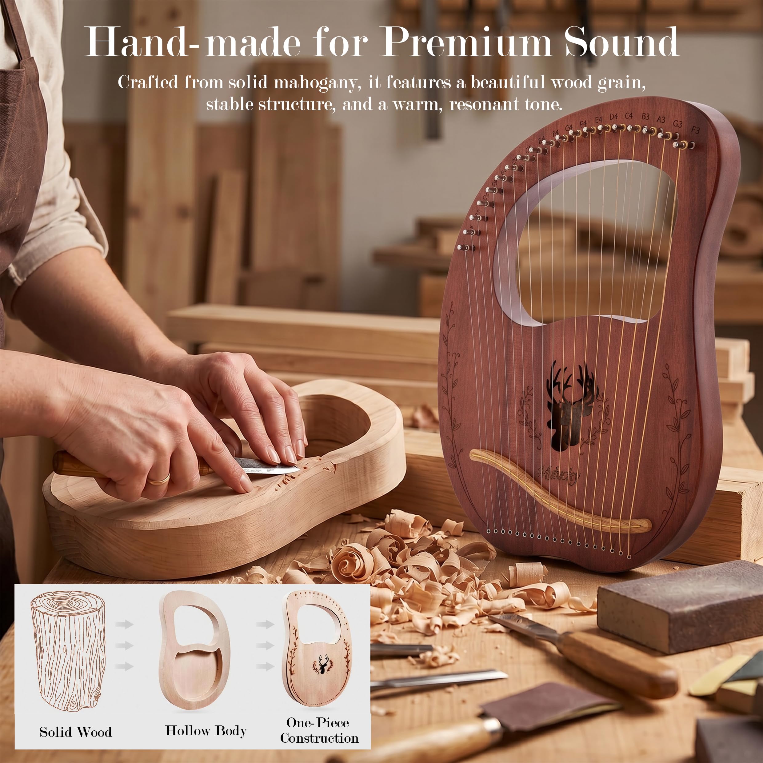 Mulucky Arpa de lira, kit de arpa de lira de caoba de 19 cuerdas, instrumentos musicales de cuerda con bolsa de llave de afinación, cuerdas adicionales para principiantes y adultos