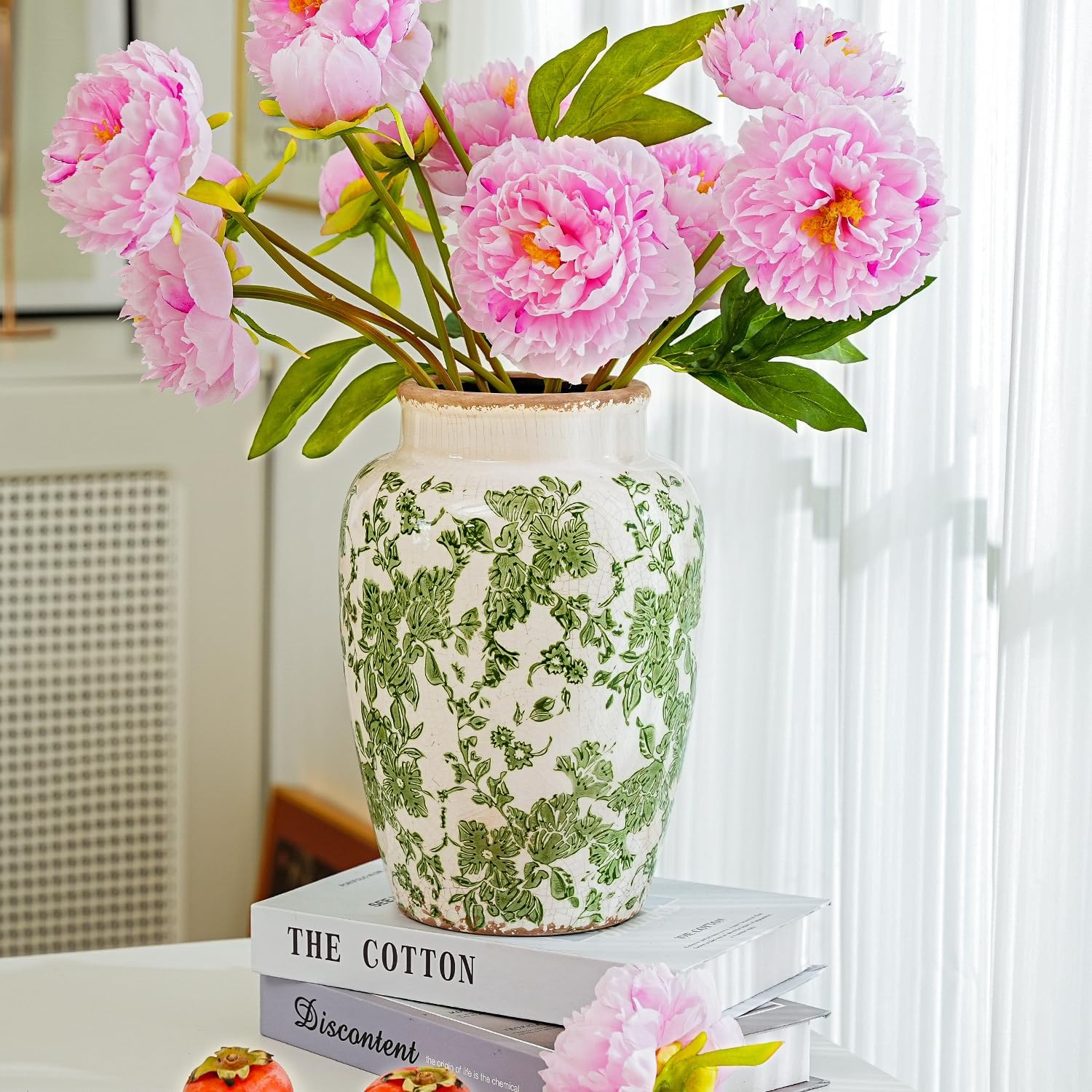 Sungmor Ceramic Flower Vase, Vintage Ice Cracked Glaze Porcelain Vase, Pretty Home Decor Vase for Flower Arrangement, Fresh Flowers, 10.2 Inch Tall Chinoiserie Pottery Vase, Green Floral Pattern - Image 7