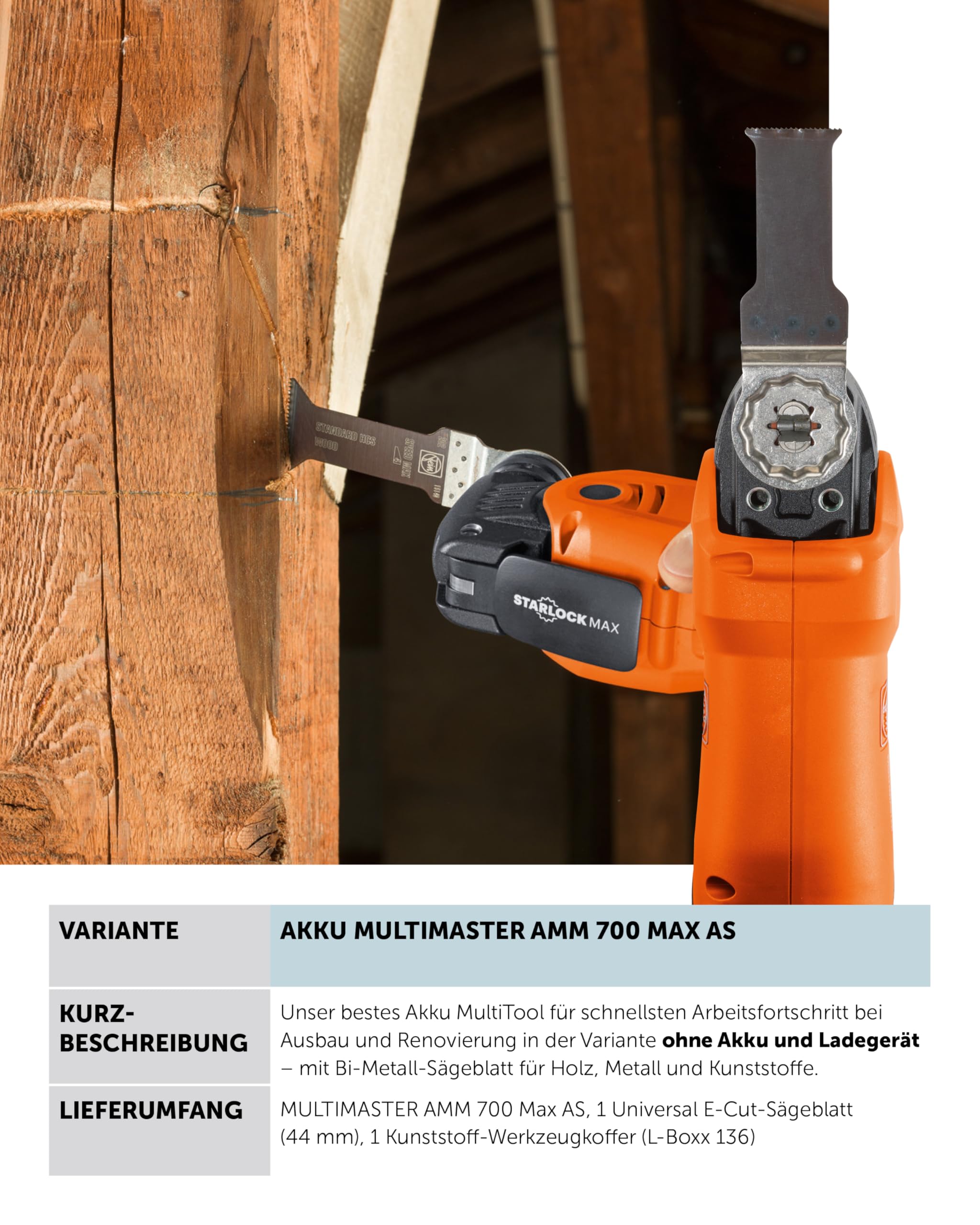 Fein Akku Multimaster AMM 700 MAX AS (18 V, ohne Akku, AMPShare, StarlockMax, Multitool inkl. E-Cut Sägeblatt für Holz, Kunstsoff + Metall, Multifunktionswerkzeug, in L-Boxx) 71293662000