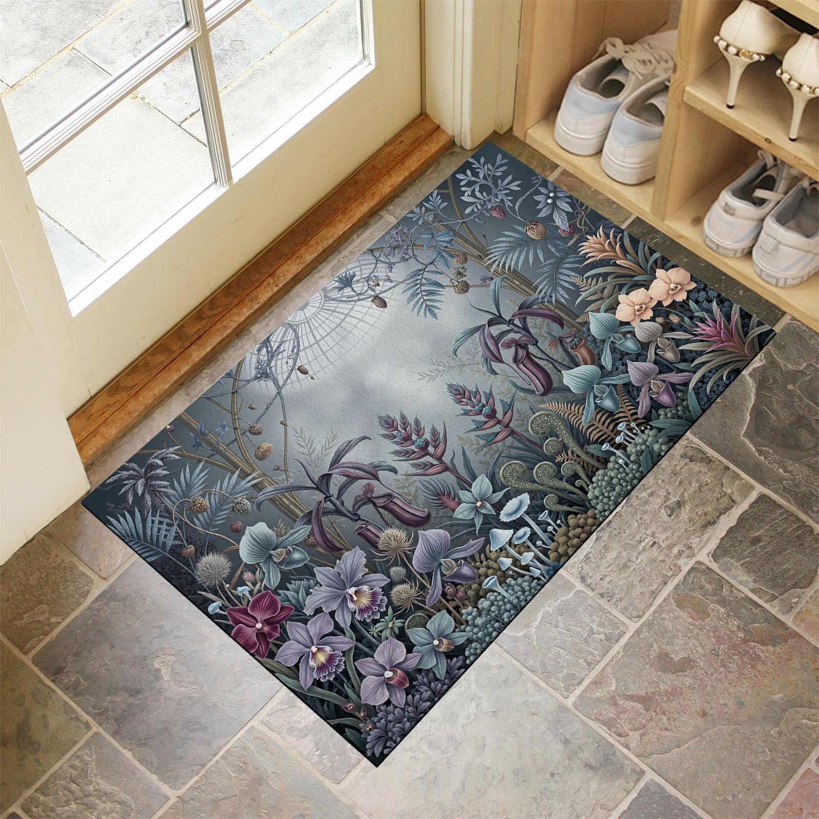 Zerbino Interni Paesaggio Botanico Gotico 80X120Cm, Antiscivolo Lavabile, Tappeto Da Ingresso Fiori Misteriosi Foresta, Tappetino Pelo Basso Antipelo Per Porta D’Ingresso, Grigio Antracite
