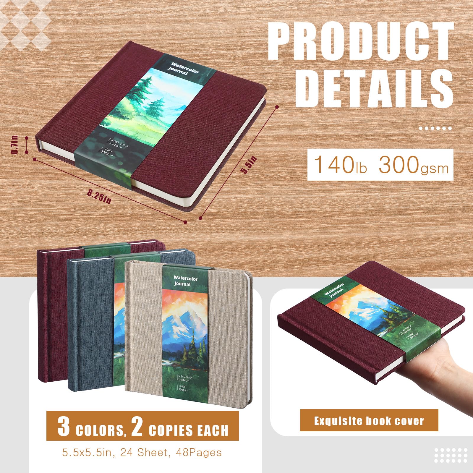 Mooliwe Lot de 6 carnets de croquis de petite poche pour aquarelle - Papier coton 300 g/m² - Presse à froid - 48 pages - Pour artiste, étudiant, peintre (couleur rétro, 14 x 14 cm)