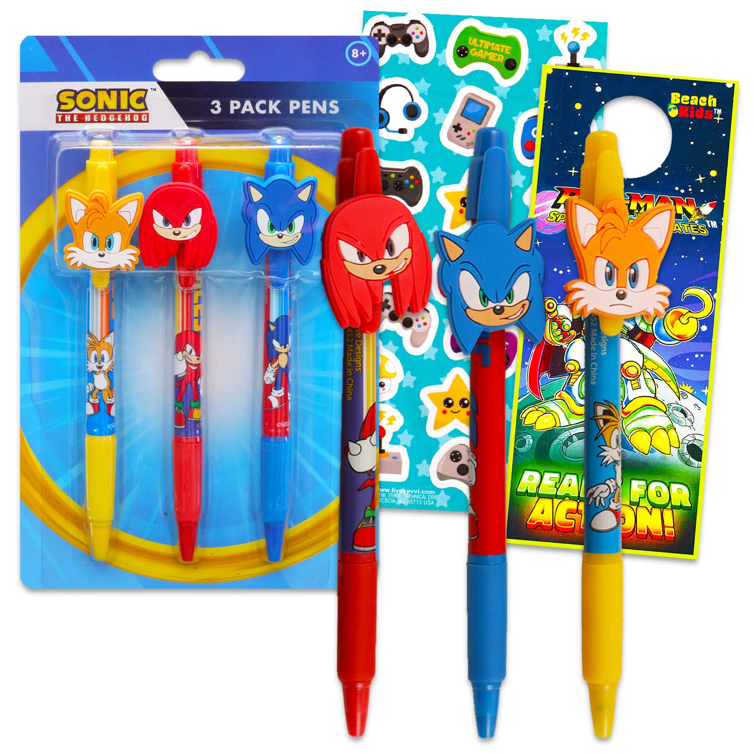 Sonic The Hedgehog Pens for Kids - 3 Pc Sonic Ballpoint Pens Gift Bundle Sonic Office Supplies Featuring Sonic, Knuckles, and Tails Plus Stickers, Door Hanger School Supplies Set