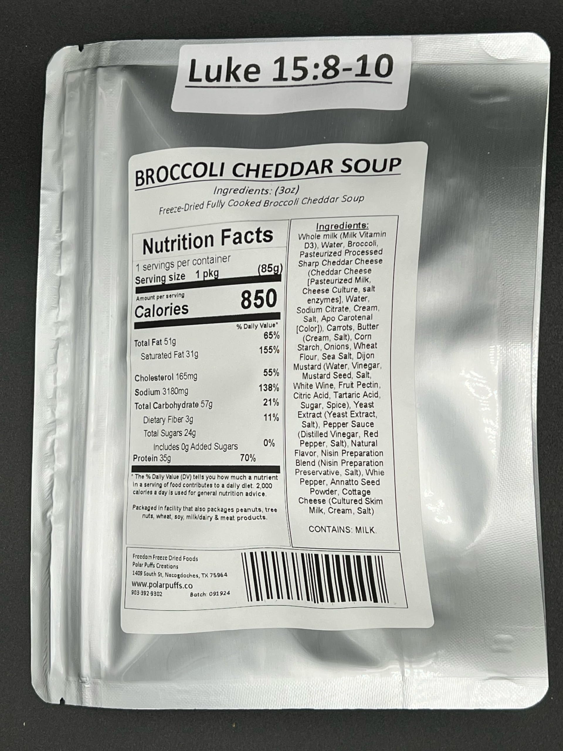 Freedom Freeze Dried Broccoli Cheddar Soup, BIG PORTION Single Serving Meal, 3 oz packaged, Camping, Hunting, Hiking, Backpacking, Prepper Meal, Survival Meal, Long Term Storage Meals, Emergency Preparedness, Freeze Dried Foods, Easy to Prepare