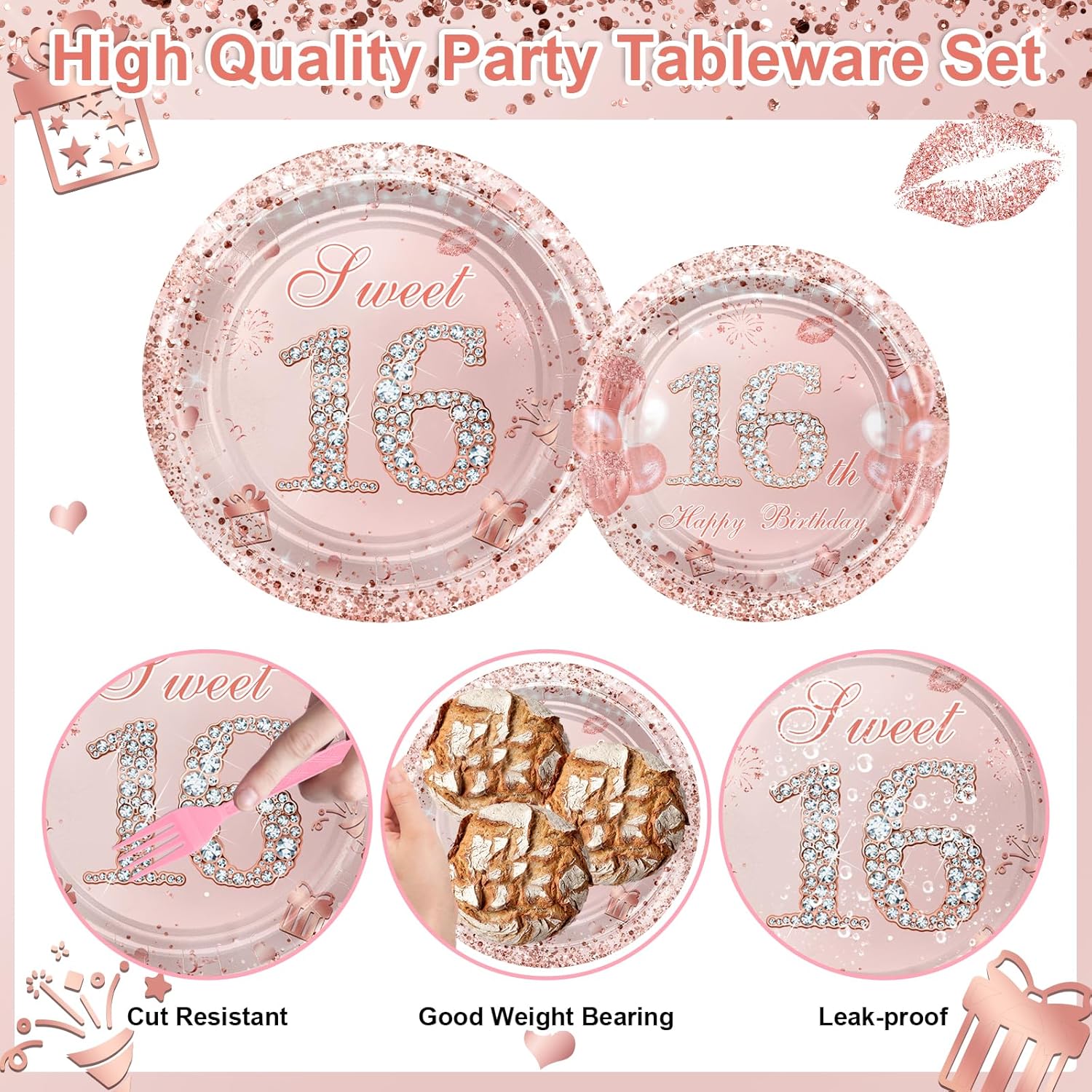 Avezano 96 Pcs Rose Gold Sweet 16 Birthday Party Paper Plates and Napkins Girls Sweet 16 Decorations Sweet Sixteen Birthday Party Disposable Paper Tableware Serve 24