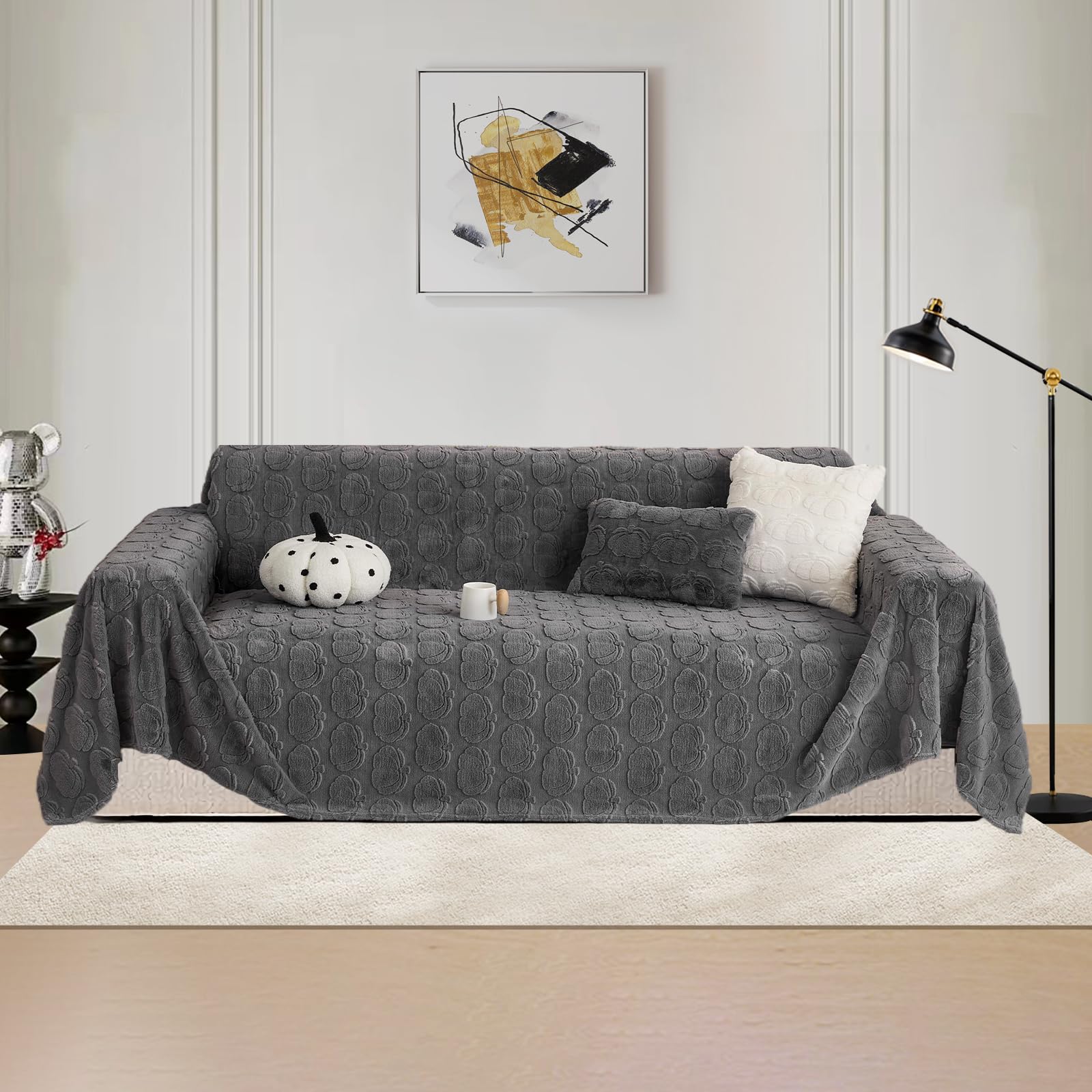 LiveGo Rabbit Plush Fleece Sofa Cover for 3 Seater, Soft Non-Slip Slipcover, All-Season Washable Couch Protector for Dogs, Decorative Futon & L Shaped Sofa Cover (Pumpkin Gray, 180 x 260 cm) — image 1