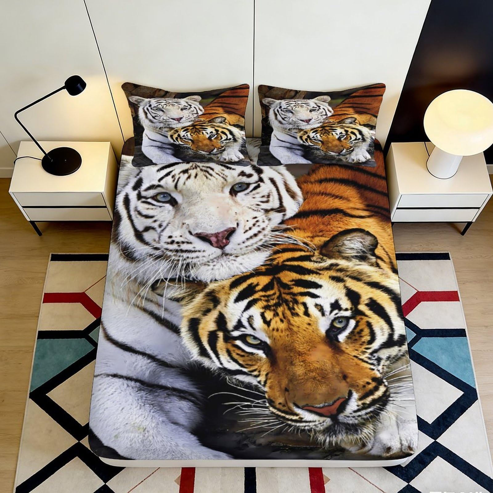 Dhbaneiok Style-4 3D Printed Tiger White Tiger Fitted Sheet Microfiber Soft Bed Cover For Bedroom Dorm Mattress Protection Decor 90X200x25cm