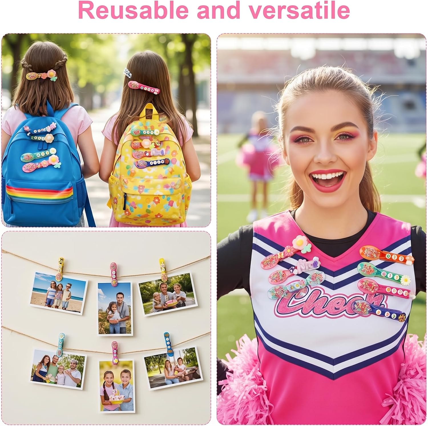 50 Pack DIY Cheer Pin Kit - 50 pcs Wooden Clothes Pins, UATE Beads, Cheer Spoons and Charms for Pep Rally Cheerleader Gifts Team Spirit Gifts for Sports, Volleyball, Bright Color