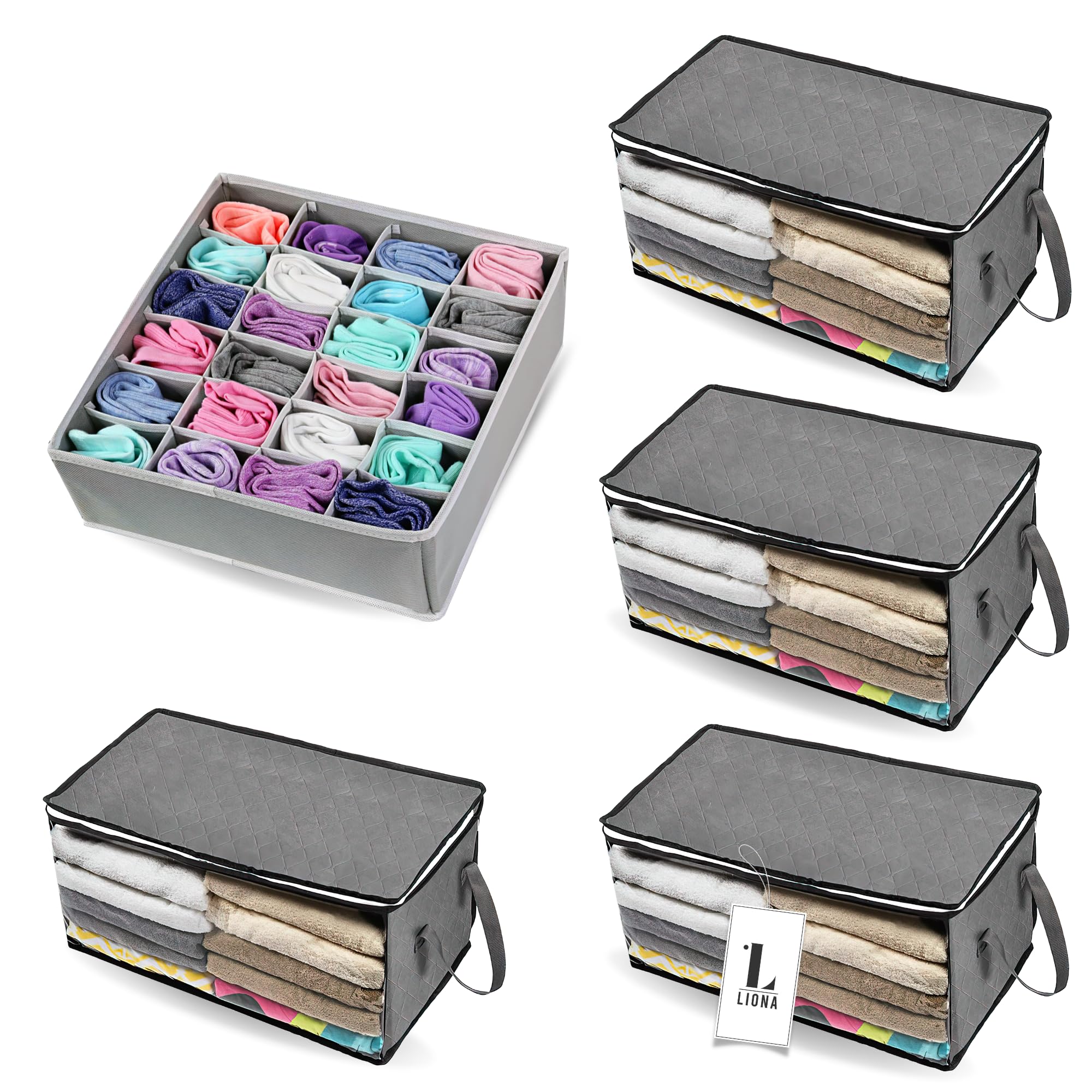 LIONA Drawer Organiser Set - 4 Clothes Organizer Box Storage, 24-Compartment Storage Box, Foldable Moisture-Proof Wardrobe Organizers and Storage with Handles for Bedroom, Clothes (Grey)