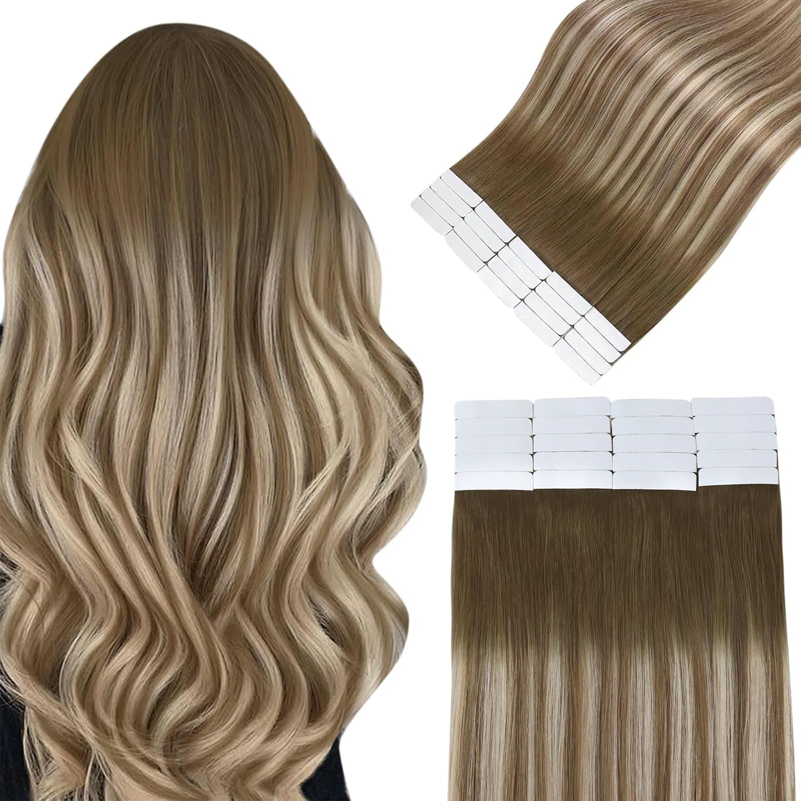 Easyouth Human Hair Extensions Tape in Balayage Human Hair Tape in Extensions Ombre Dark Brown to Light Brown with Blonde Invisible Tapes in Hair
