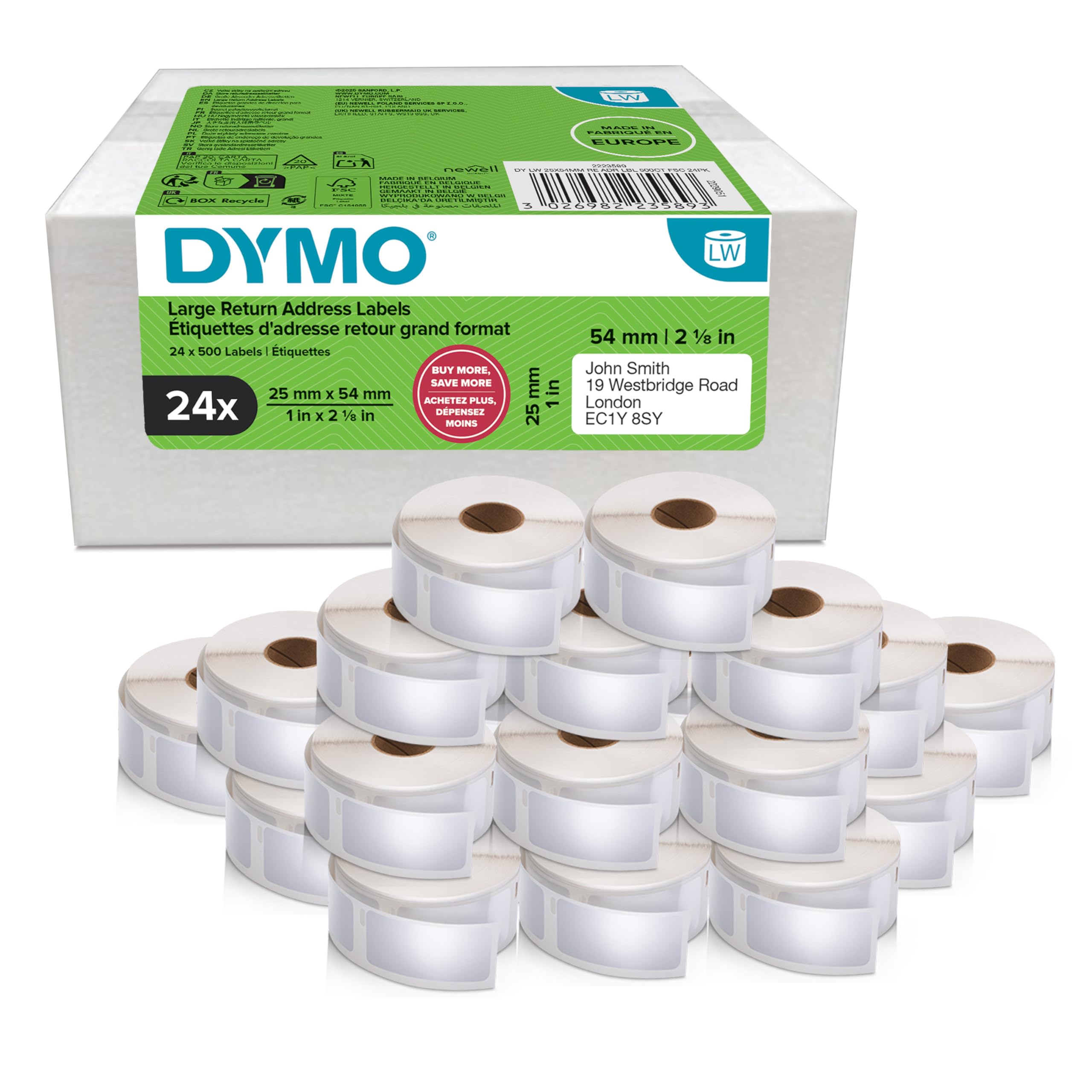 Dymo Large Return Address Labels 25X54mm 500 Labels (Pack Of 24) 2223589