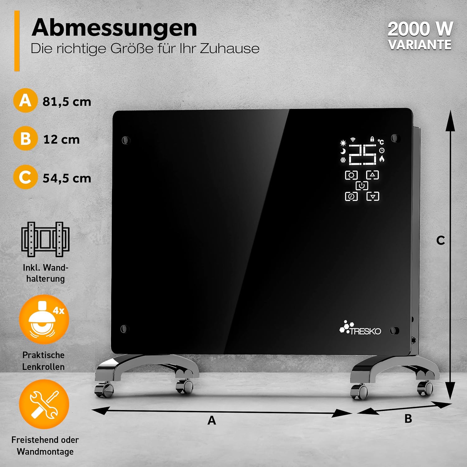 TRESKO Convector Heater with dimensions labeled: A=81.5 cm, B=12 cm, C=54.5 cm