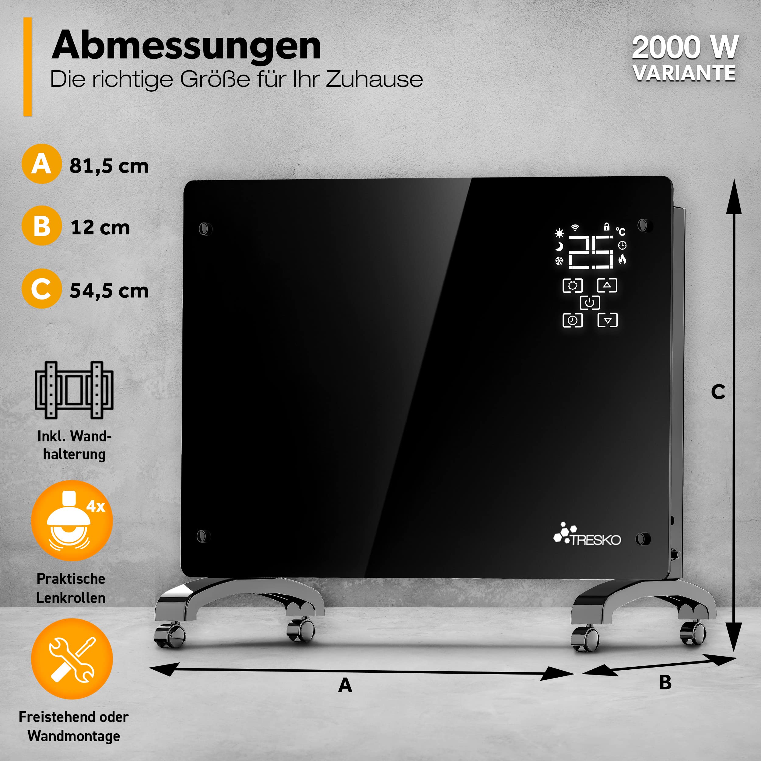 TRESKO® Szklany konwektor 2000 W, aplikacja WiFi, ogrzewanie elektryczne, ogrzewanie szklane, grzejnik konwektorowy, grzejnik LED i timer, grzejnik elektryczny, ogrzewanie stojące lub ścienne