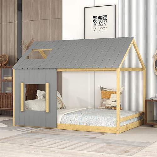 Miniatura 1 de Cama de casa matrimonial para niños cama Montessori de suelo con techo y ventana marco de cama de plataforma matrimonial de madera con listones cama