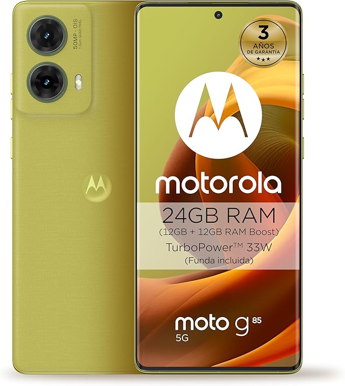 Motorola Moto g85 5G 24GB (12GB más 12GB RAM Boost)-256GB Verde, Pantalla de Borde Infinito de 6,67 y Sonido Dolby Atmos, Cámara Sony LYTIA 600 de 50MP con OIS, Batería 5000 mAh, Carga TurboPower 30W