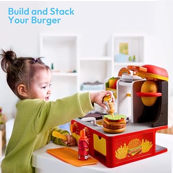 Lalalark Chop 'N Flip - Fast Food Station with 40+ Accessories, Interactive Potato Cutter, Simulated Frying Effect & Grilling Lights, Order & Drink Station