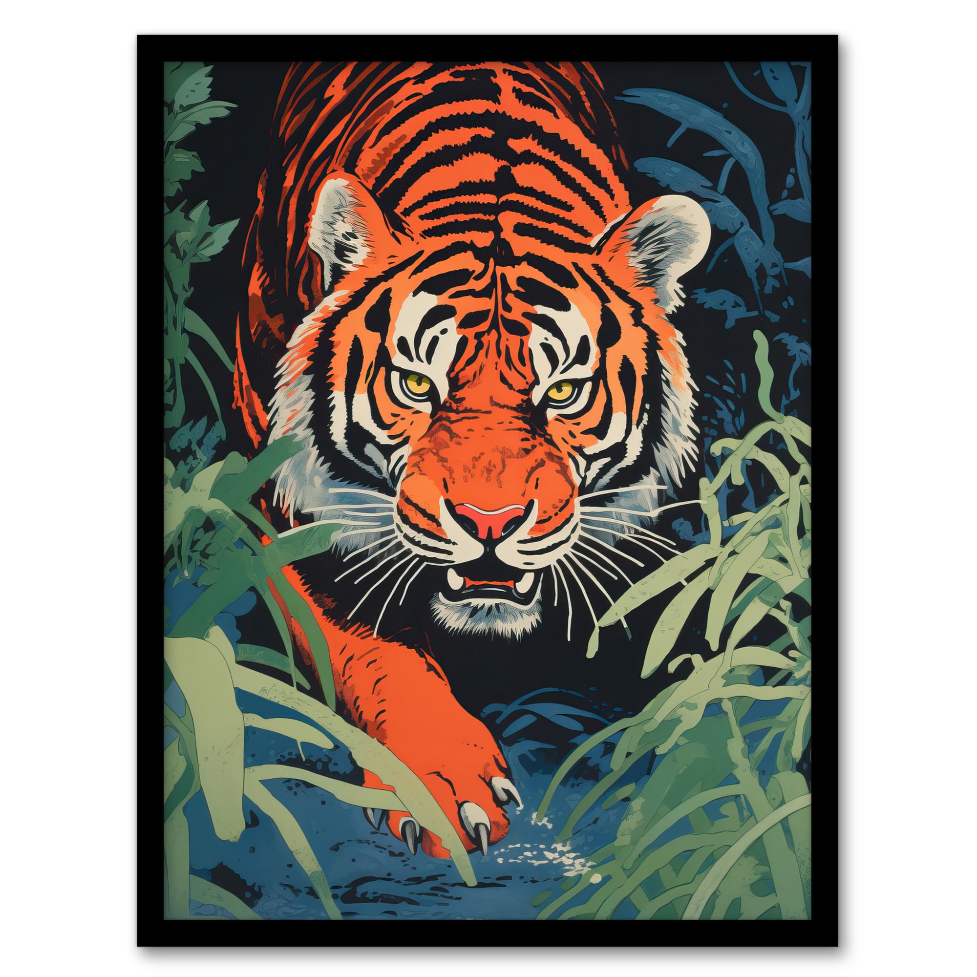 Artery8 Jungle Tiger Prowling Stalking Pouncing Animal Nature Artwork Painting Artwork Framed Wall Art Print 18X24 Inch