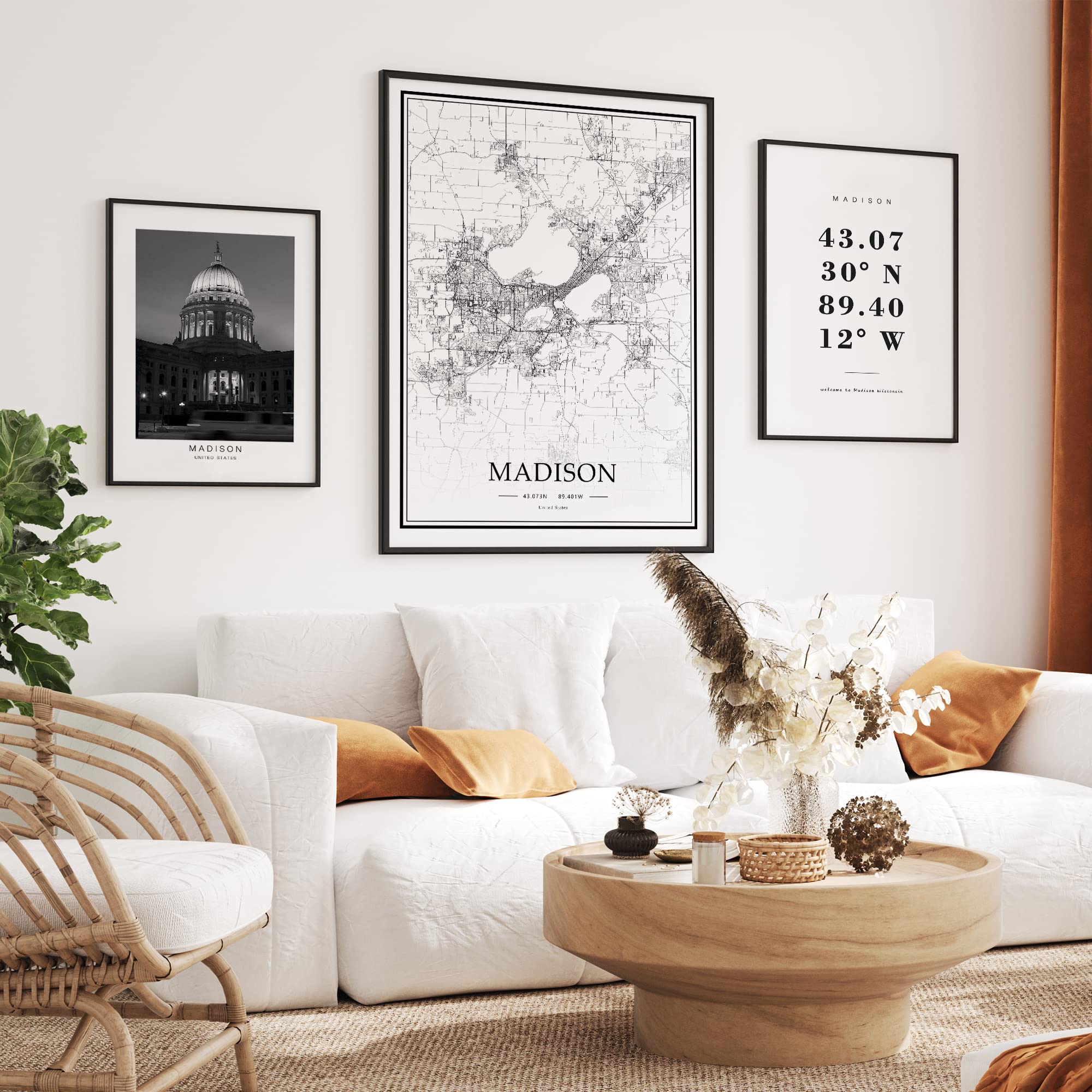 Dear Mapper Madison United States View Abstract Road Modern Map Art Minimalist Painting Black and White Canvas Line Art Print Poster Art Line Paintings (Set of 3 Unframed) (16x24inch)