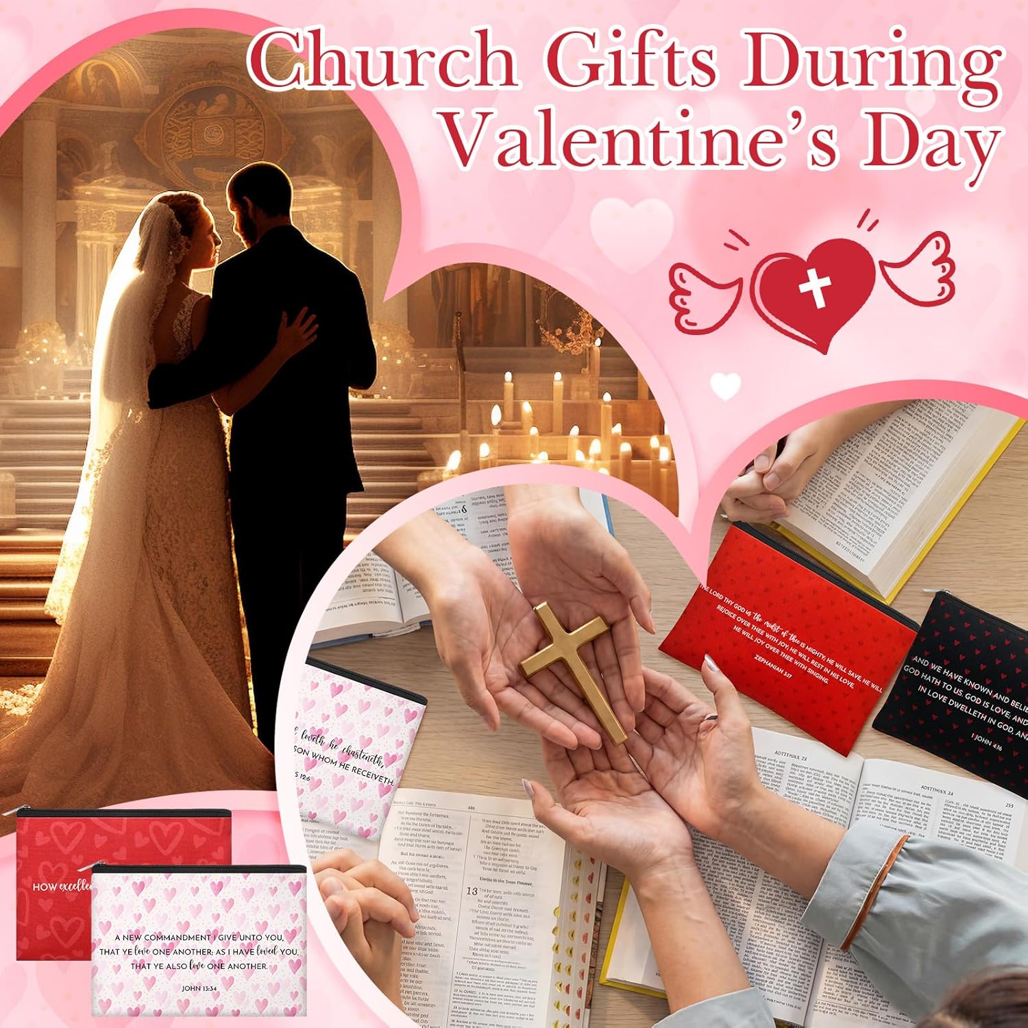 Yinkin 12 Pcs Christian Valentine's Day Makeup Bags Bulk Christian Gifts for Women John 3: 16 Bible Verse Cosmetic Bags Pencil Pouch Inspirational Religious Prize Award for Church Sunday School Favor