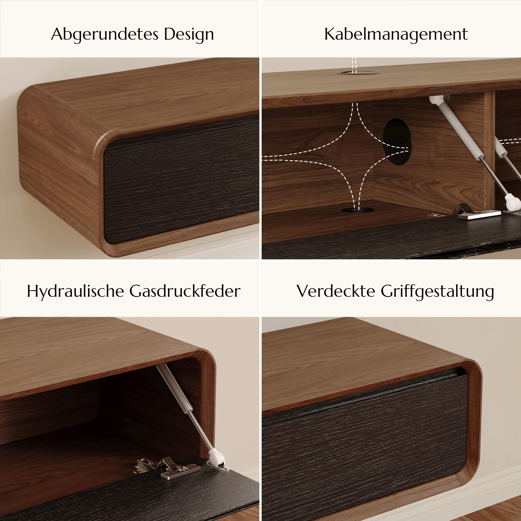 POVISON Mueble de TV flotante de 120 cm, moderno color negro y roble de madera maciza con 2 cajones, mueble para TV con gestión de cables, mueble completo con espacio de almacenamiento para salón