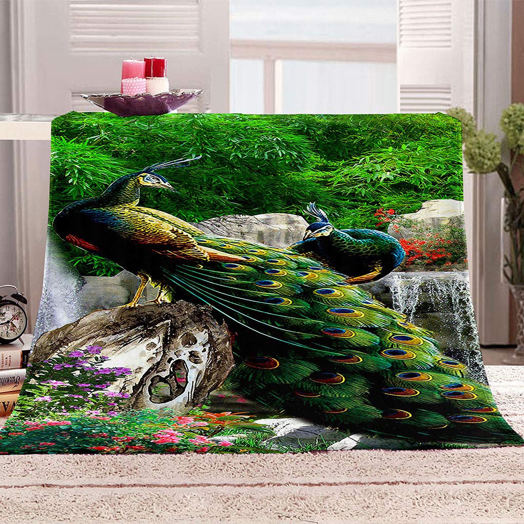 Manta De Franela De Microfibra 150X200Cm Manta De Felpa Suave para Sofá Cama 3D Pavo Real Animal Verde Impresión Patrón Polar Invierno Gruesa Y Esponjosa Caliente Transpirable