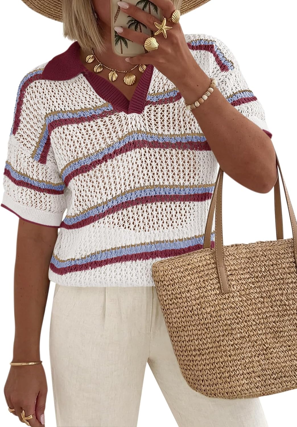 Saodimallsu Womens Short Sleeve Crochet Sweater Tops Striped Polo V Neck Collared Knit Shirts Summer Vacation Outfits