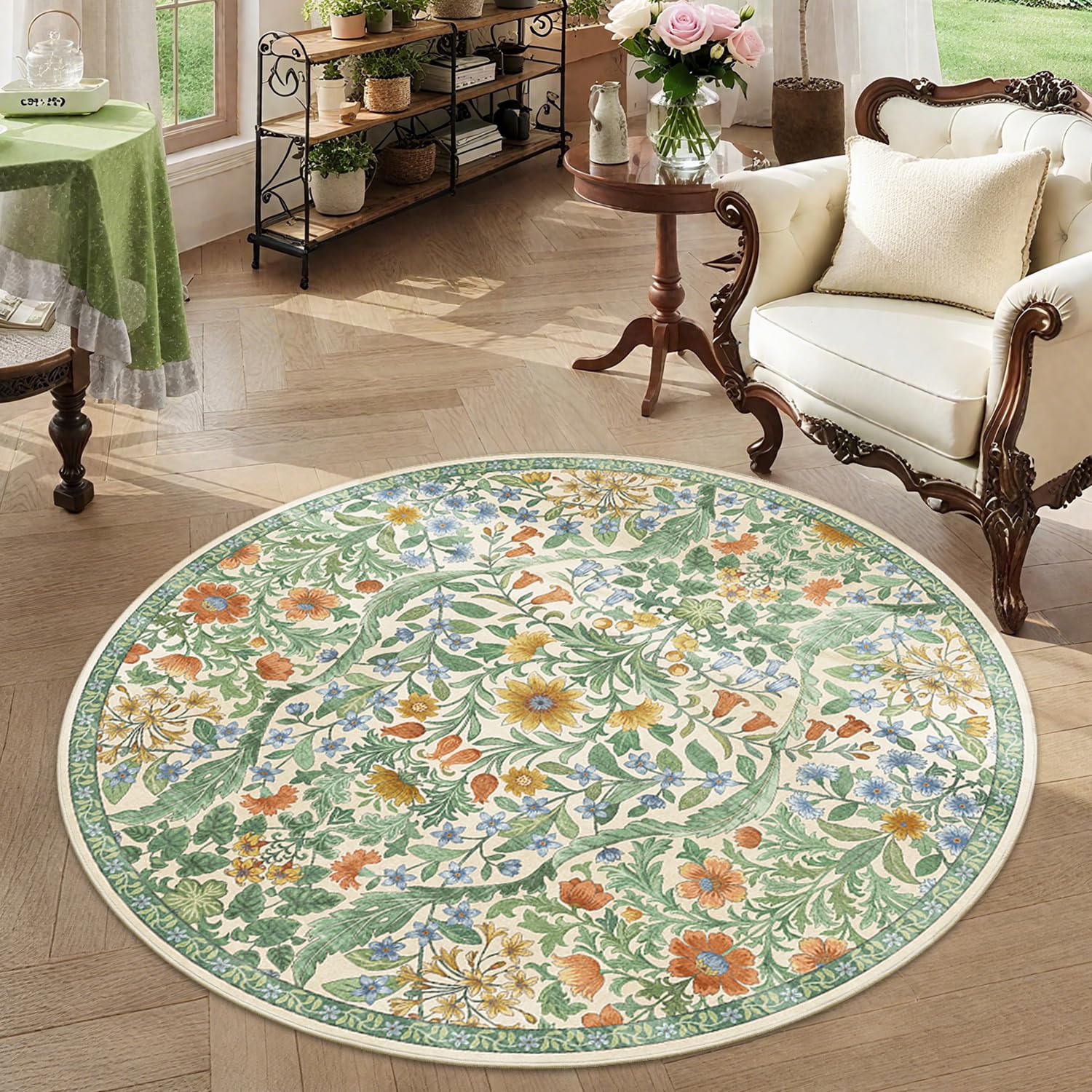 Round Rug 4ft Floral Circle Rug Green Botanical Indoor Area Rugs