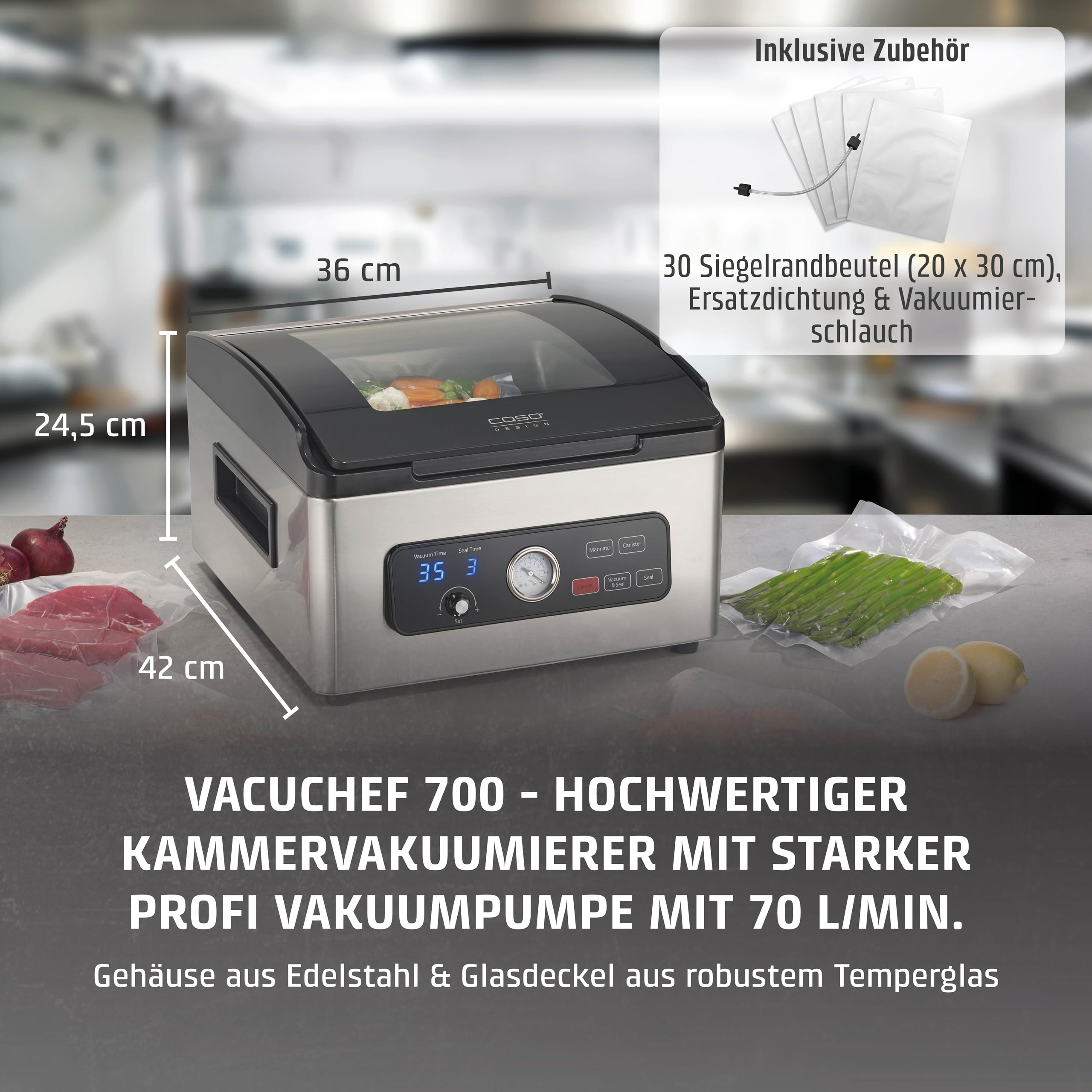 CASO VacuChef 700 - Kammervakuumierer, 8L Edelstahl, starke Profi-Vakuumpumpe 70 Liter/Minute, Temperglas-Deckel, für harte/weiche/trockene/flüssige Lebensmittel
