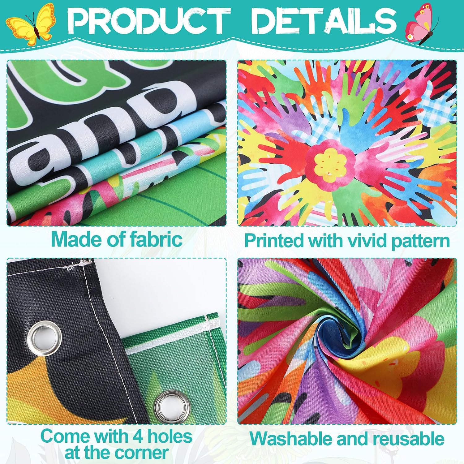 Handprint Flowers Door Cover Colorful Hands Tree Butterfly Porch Banner Sign Summer Flowers Door Hanging Decoration Inspirational Backdrop for Back to School Party Photo Booth Props Indoor Outdoor