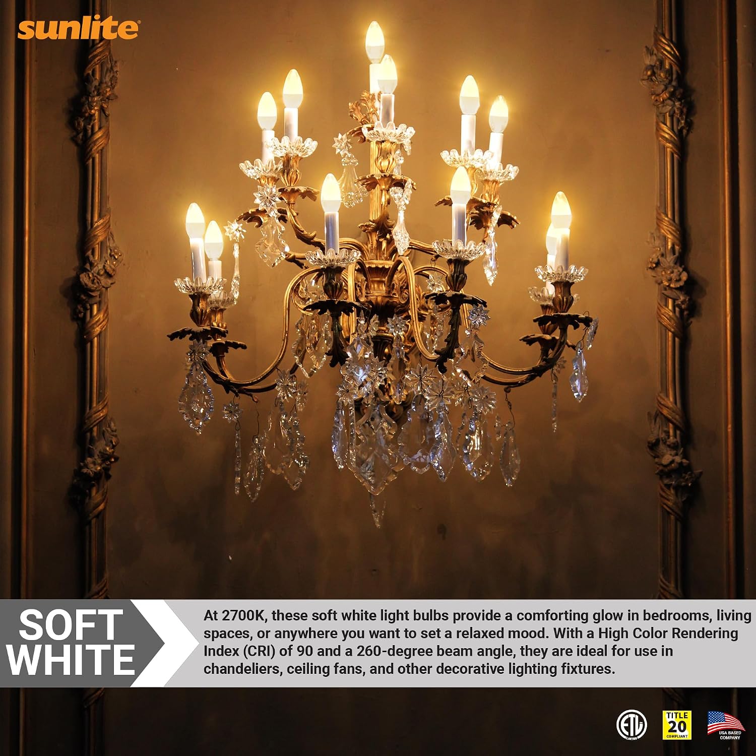 Sunlite LED B11 Clear Chandelier CTC Light Bulb, 4.5 Watts (40W=), 300 Lumens, 120 Volts, Dimmable, Candelabra E12 Base, 90 CRI, ETL Listed, Torpedo Tip, 2700K Soft White, 6 Pack