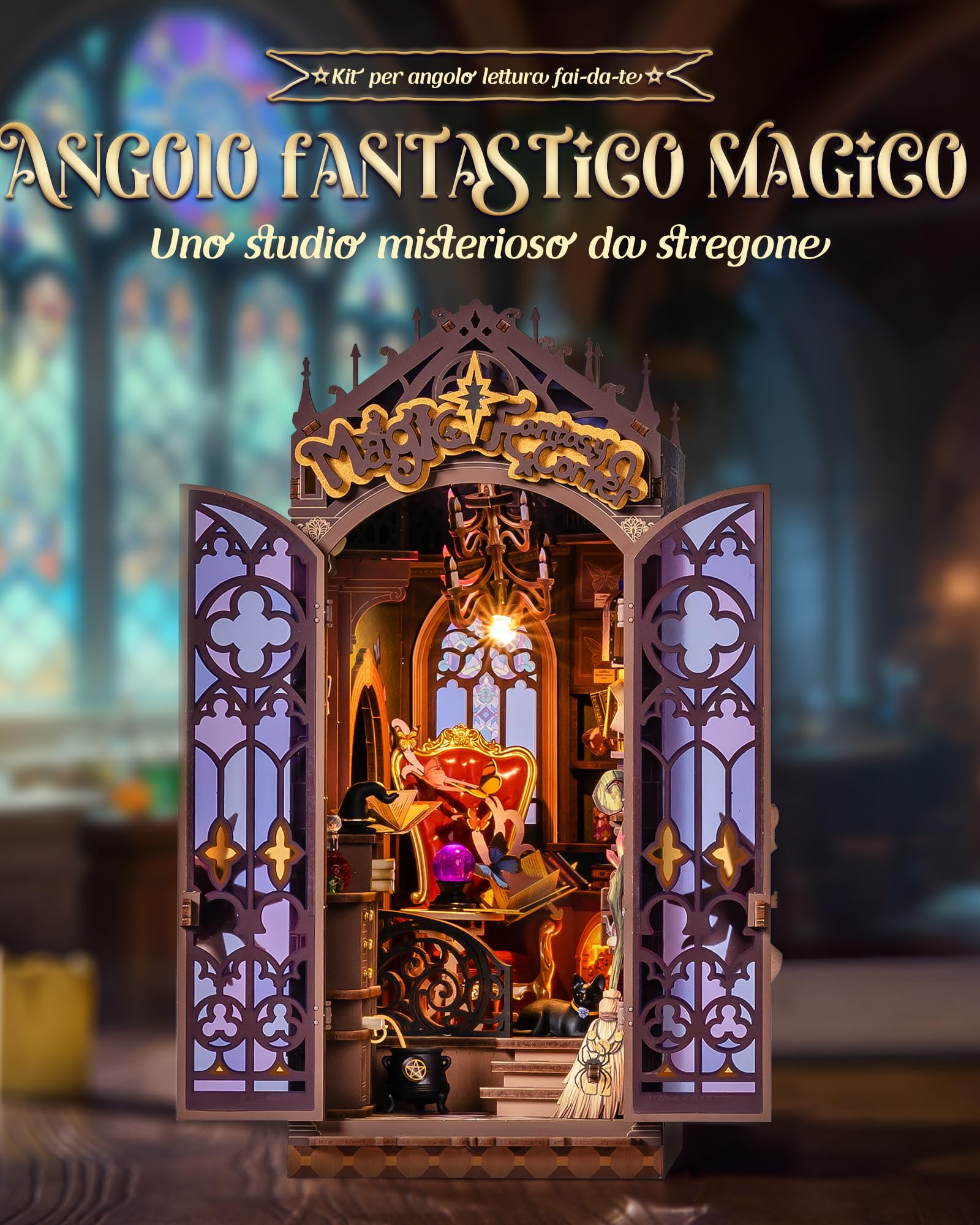 Rolife Book Nook Puzzle 3D Magic Fantasy Corner, DIY Miniature House con Luci e Porta Chiudibile, Kit Diorama Booknook per Libreria d'Angolo, Regalo di Natale & Compleanno Unico per Adulti