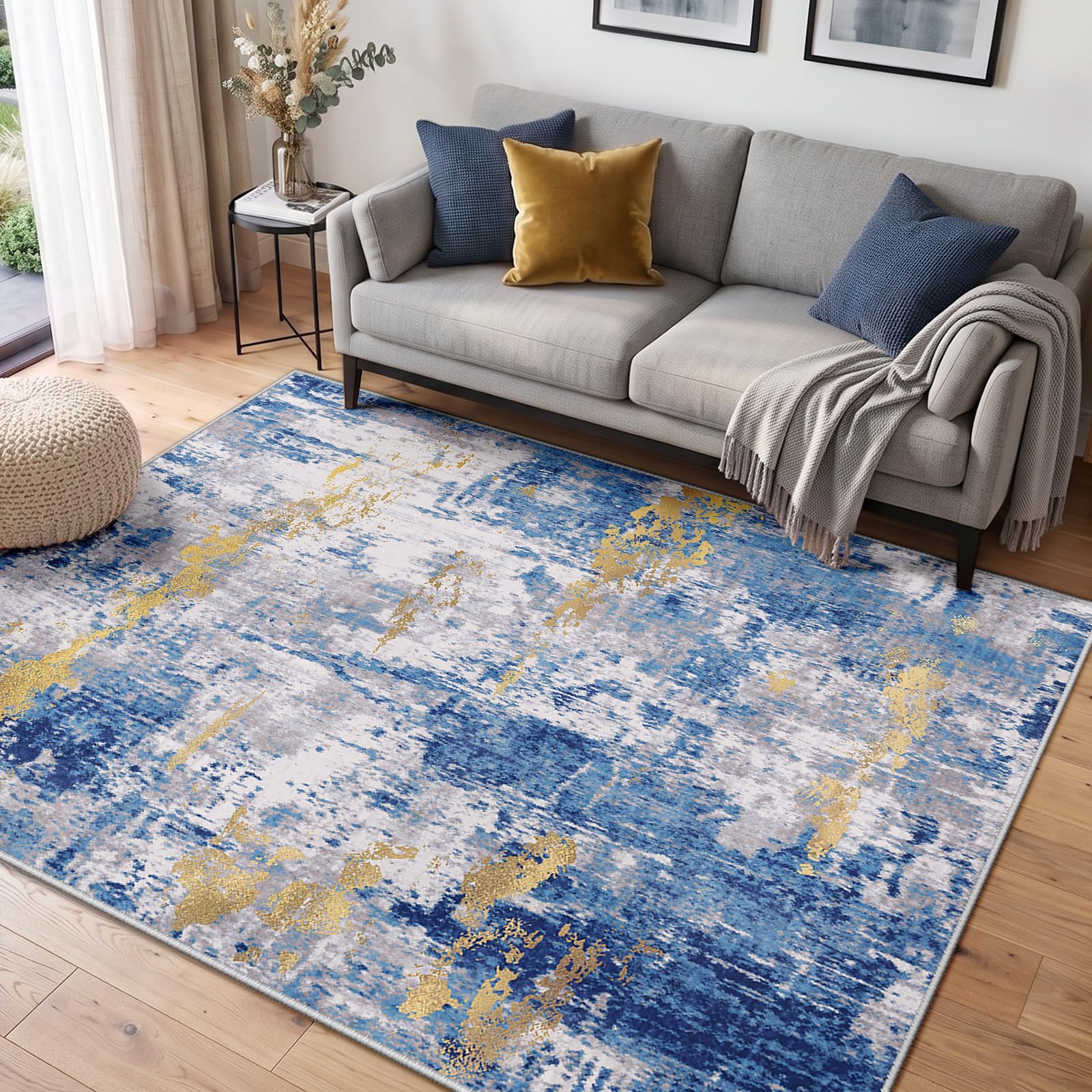 INOVADAY Abstrakt Waschbarer Teppich 120x180 cm Blau/Gold