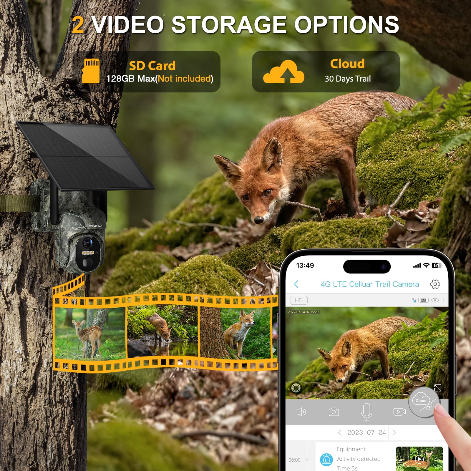 LEMNOI 4G LTE Cámara Caza Solar con Tarjeta SIM Preinstalado, 4G Cámara Vigilancia Exterior con Detección con Visión Nocturna en Color Starlight, PTZ 360°, Audio Bidireccional, IP66 Impermeable
