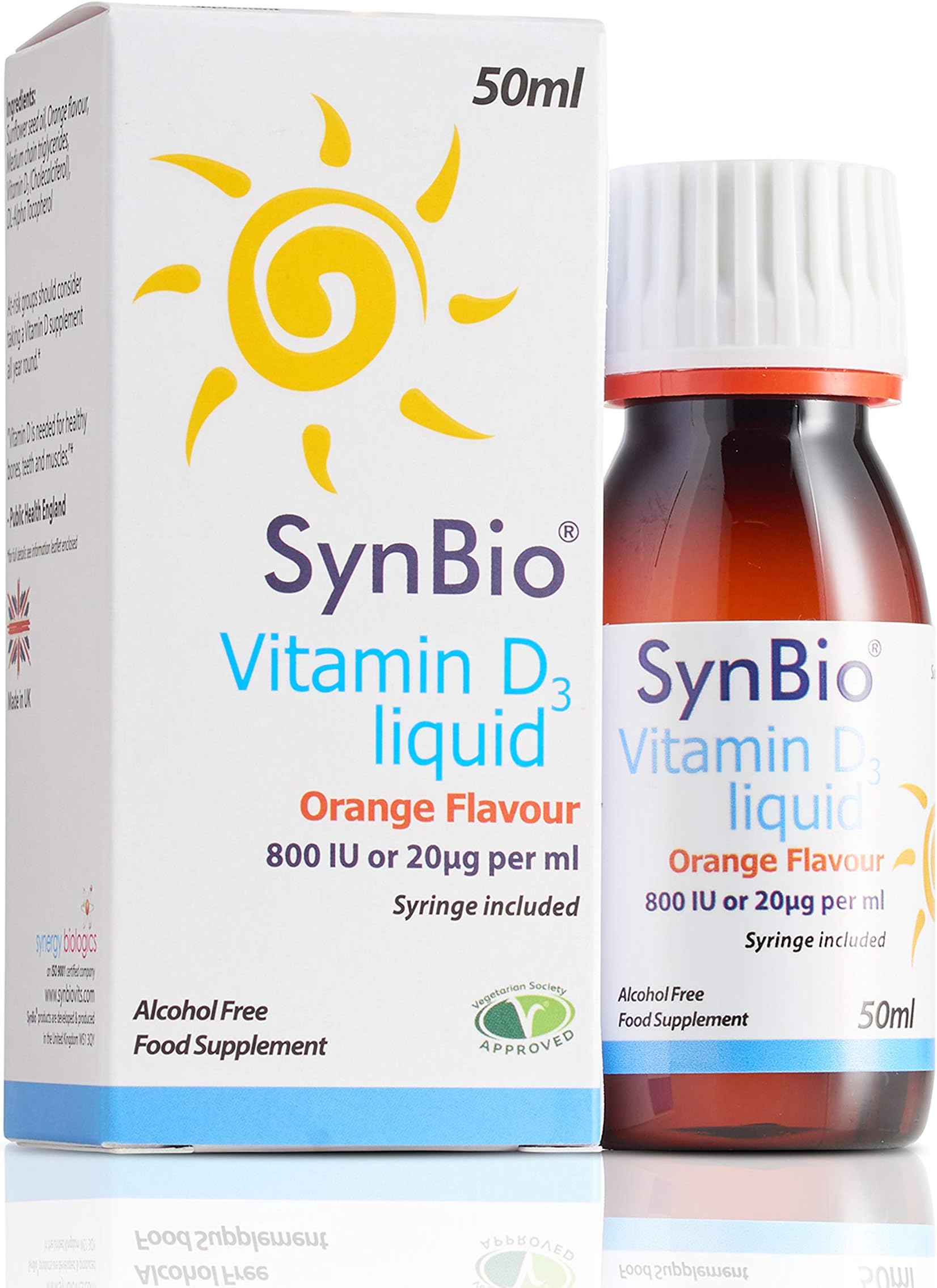 Vitamin D3 Liquid [800 IU/ml] (50ml) | Peanut/Nut Free | Vegetarian | SOYA Free | Dairy Free | Yeast Free | Sugar Free | Gelatin Free | Orange Flavour | for All Ages Infants to Adults | UK