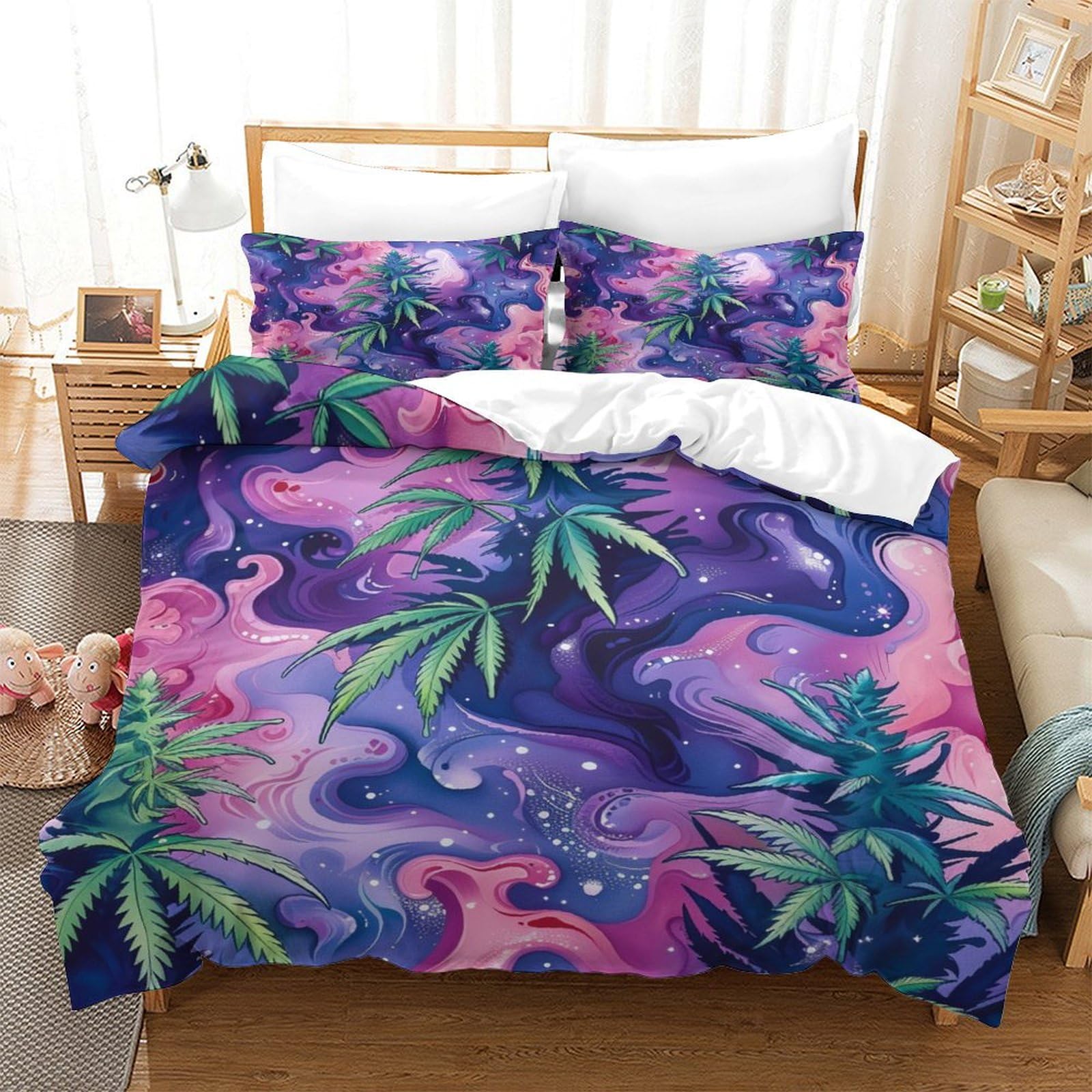 P1S9U7W5Y Dreamy Galaxy 3D Printed Leaf Pattern Duvet Cover Set 3pcs Microfiber Botanical Bedding Set Single（140x200cm）