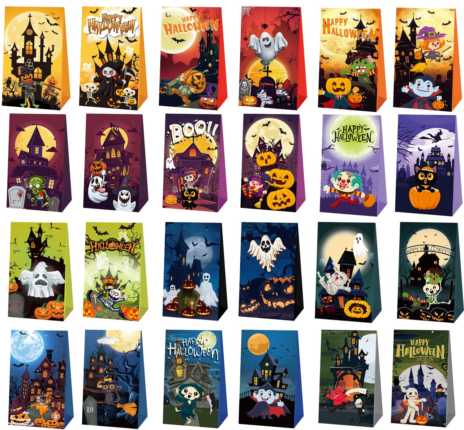 24 Pack Halloween Birthday Party Gift Bags-24 Different Patterns Both Sides-Candy Bags Treat Bags For Birthday Party Favors Decoration