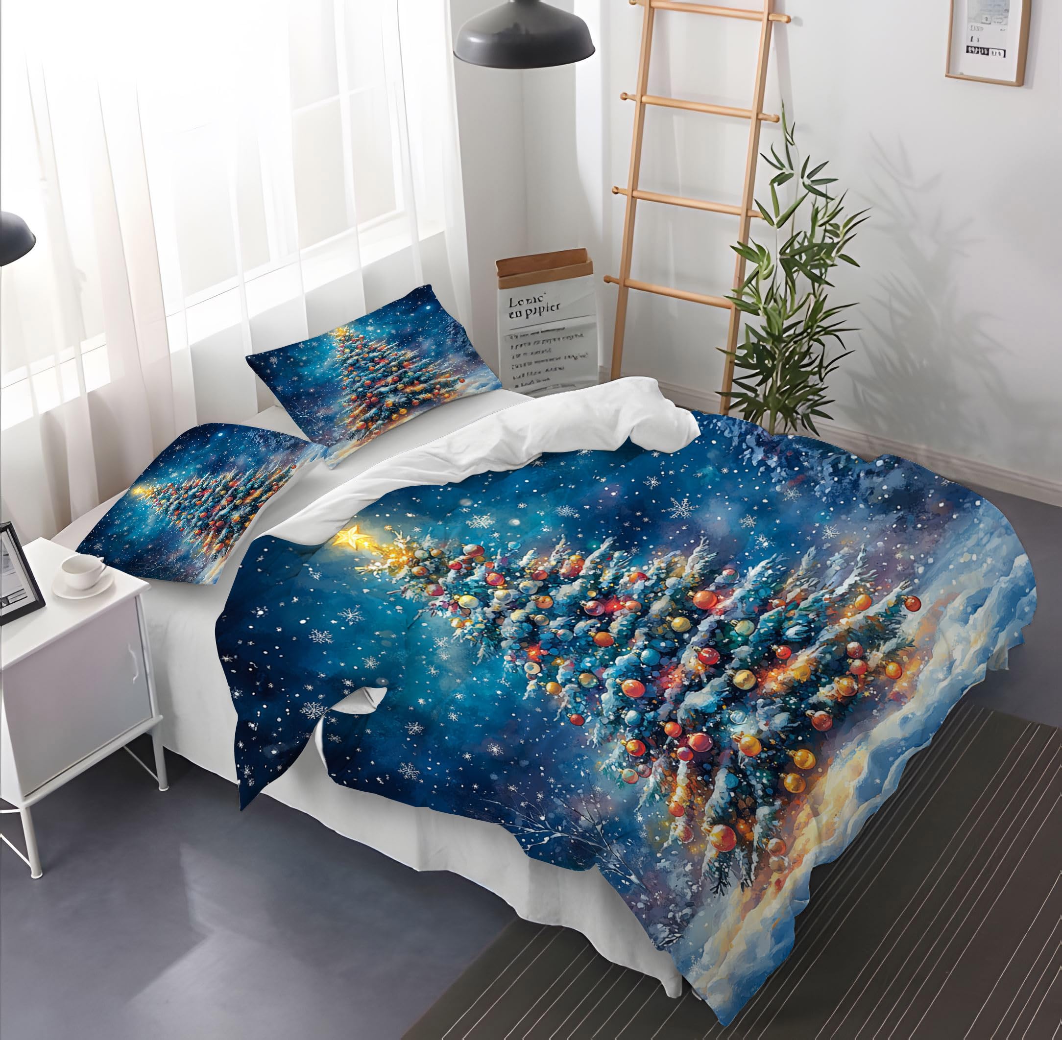 Poszewka na Kołdrę Boże narodzenie 240 x 220 cm Zestaw Pościeli Choinkowej Elegancka Zimowa Poszewka na Kołdrę W Kształcie Płatka Śniegu dla Dziewcząt,Chłopców,Niebieska,Świąteczna narz