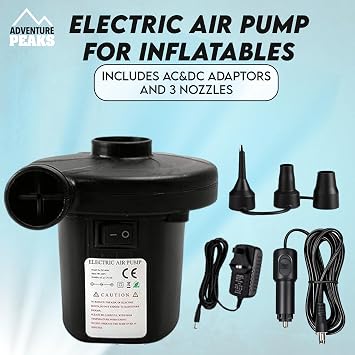ADVENTURE PEAKS Electric Air Pump For Inflatables - Portable Electric Pump with Fast Inflation & Deflation - Electric Air Pump with 3 Nozzles and 2 Chargers - Paddling Pool, Air Bed, Camping Toys